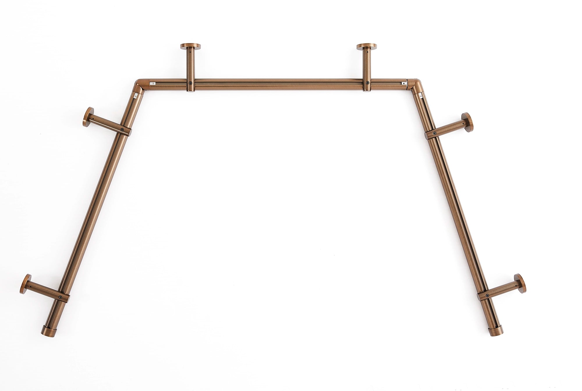 Darian Single Custom Traverse Curtain Rod in Antique Bronze finish showing floor plan view of rod with connector usage demonstration for different spaces