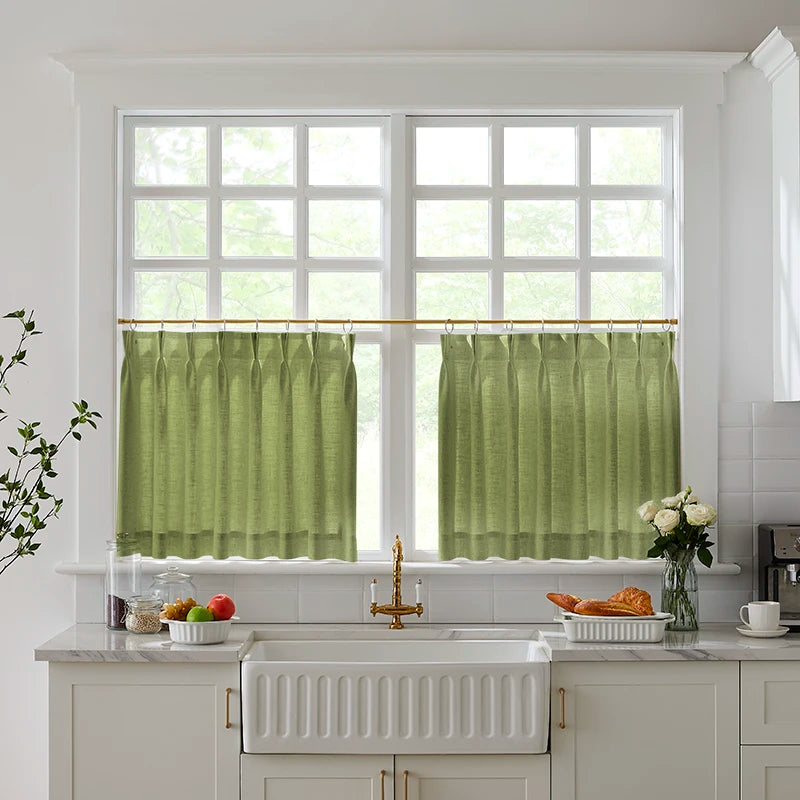 Freshine Elara Linen Olive Green Cafe Curtains for Kitchen & Bathroom
