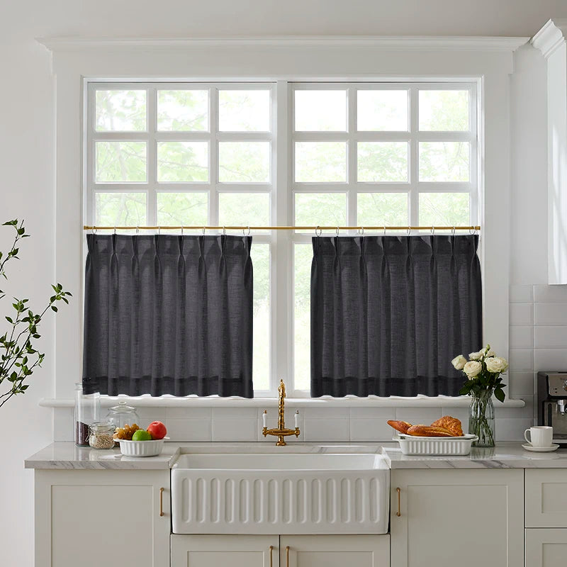 Freshine Elara Linen Jet Black Cafe Curtains for Kitchen & Bathroom