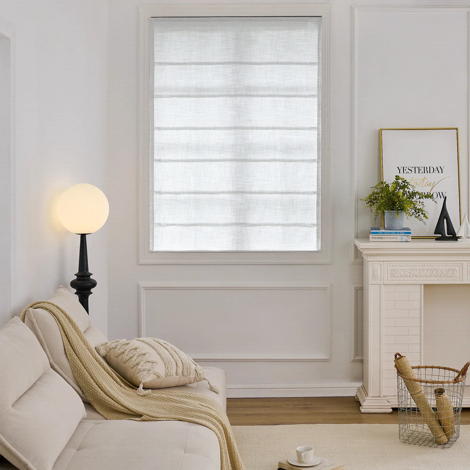 Freshine Elara Off-White Roman Shades for Elegant Linen-Blend Drapes with Superior Light Control and Privacy