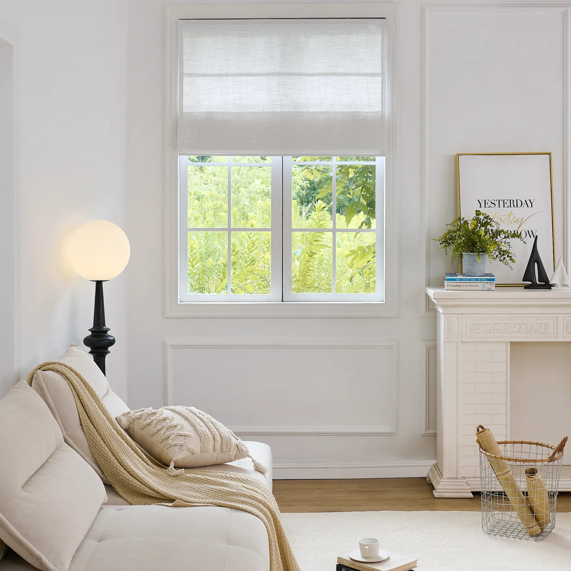 Freshine Elara Off-White Roman Shades for Elegant Linen-Blend Drapes with Superior Light Control and Privacy