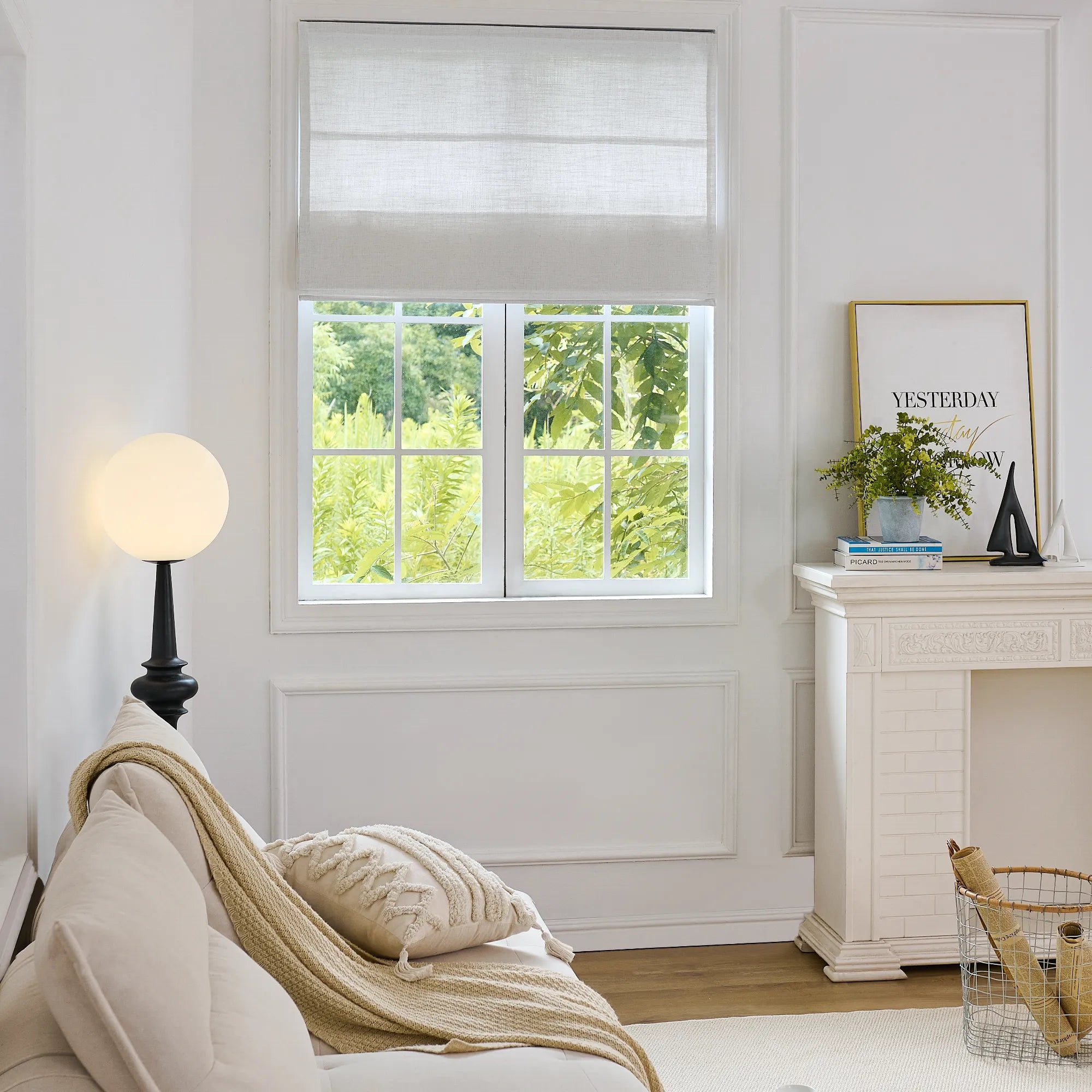 Freshine Elara Off-White Roman Shades for Elegant Linen-Blend Drapes with Superior Light Control and Privacy