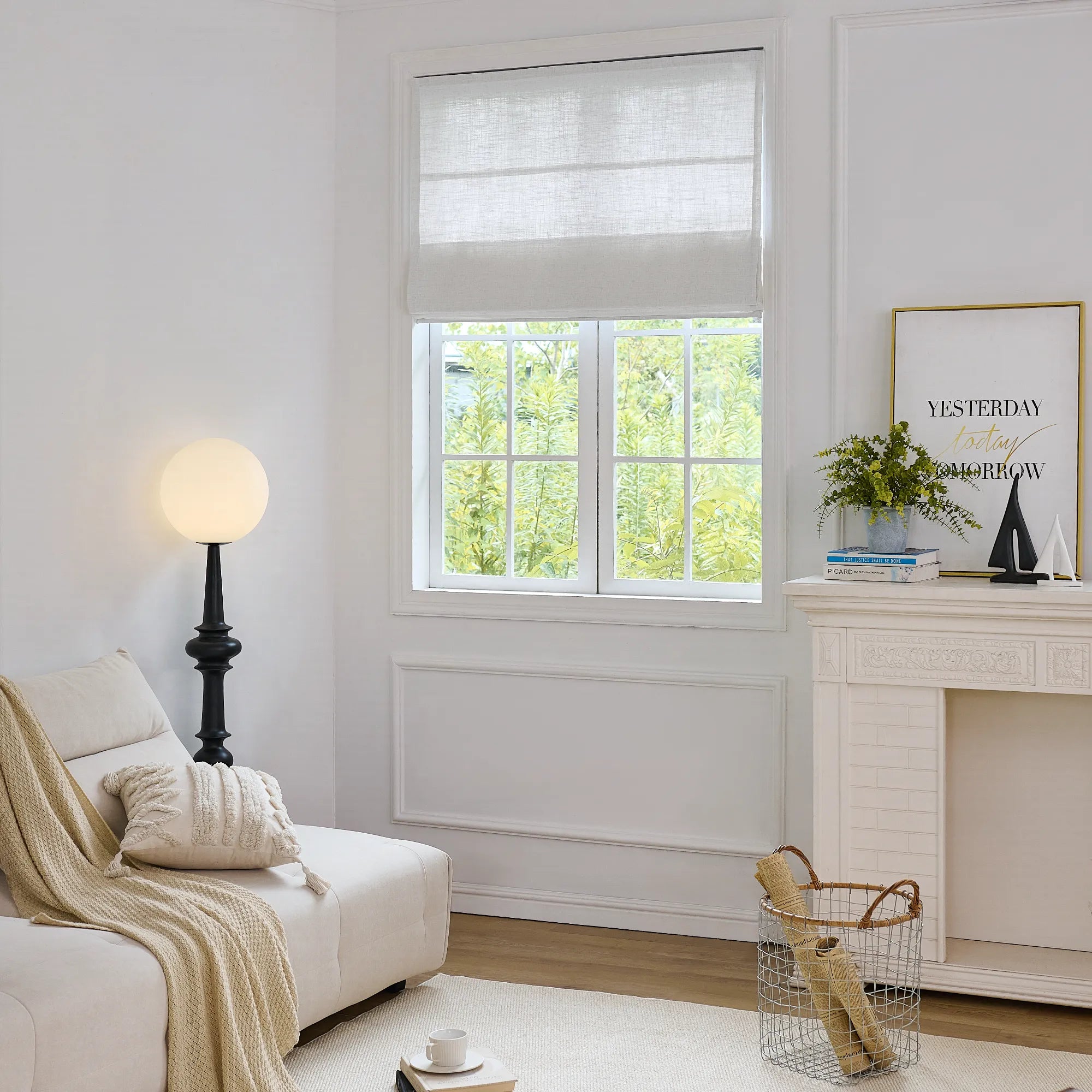 Freshine Elara Off-White Roman Shades for Elegant Linen-Blend Drapes with Superior Light Control and Privacy