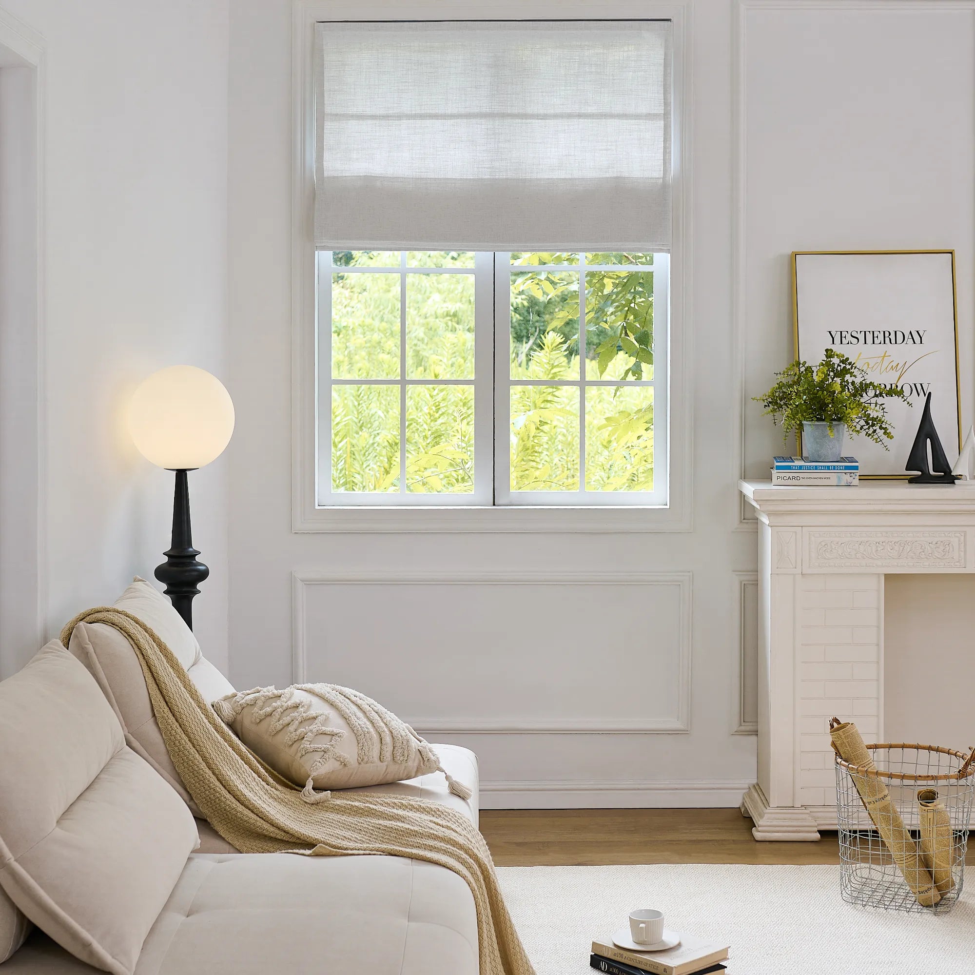 Freshine Elara Off-White Roman Shades for Elegant Linen-Blend Drapes with Superior Light Control and Privacy