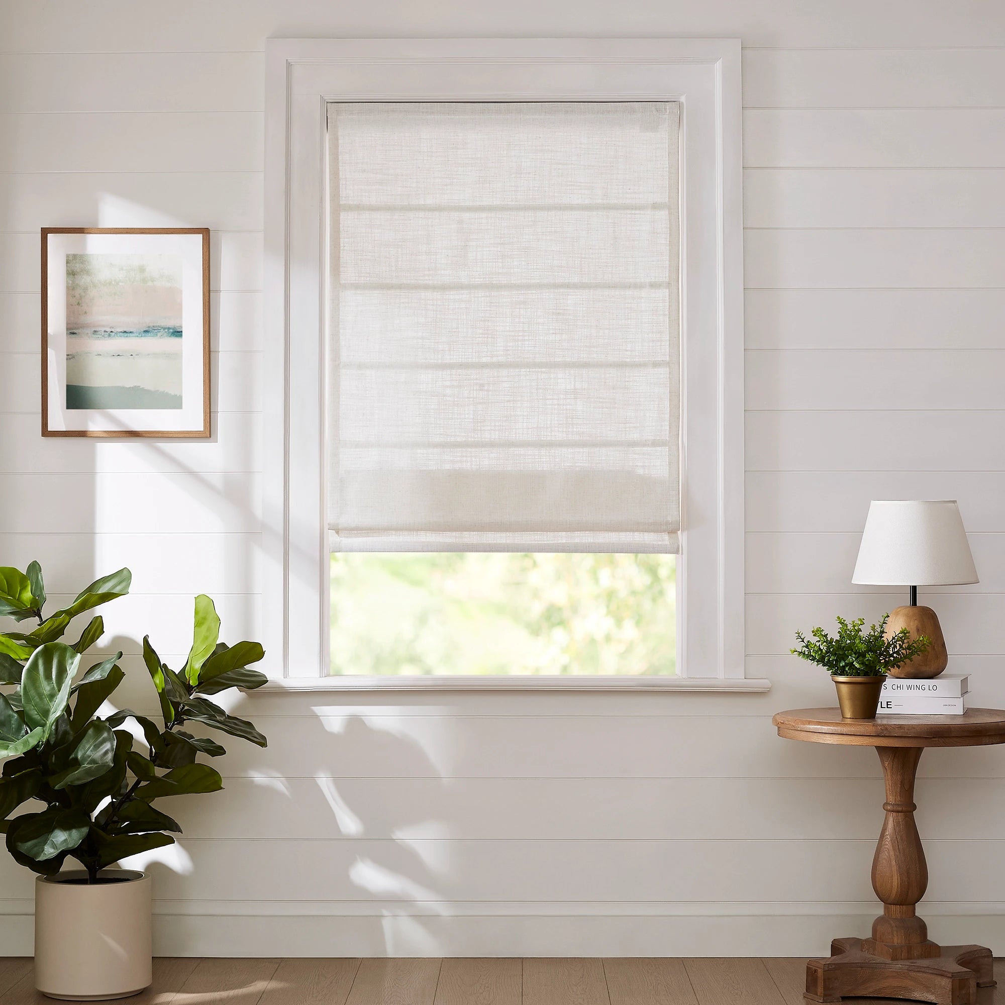 Freshine Elara Light Grayish White Roman Shades for Elegant Linen-Blend Drapes with Superior Light Control and Privacy