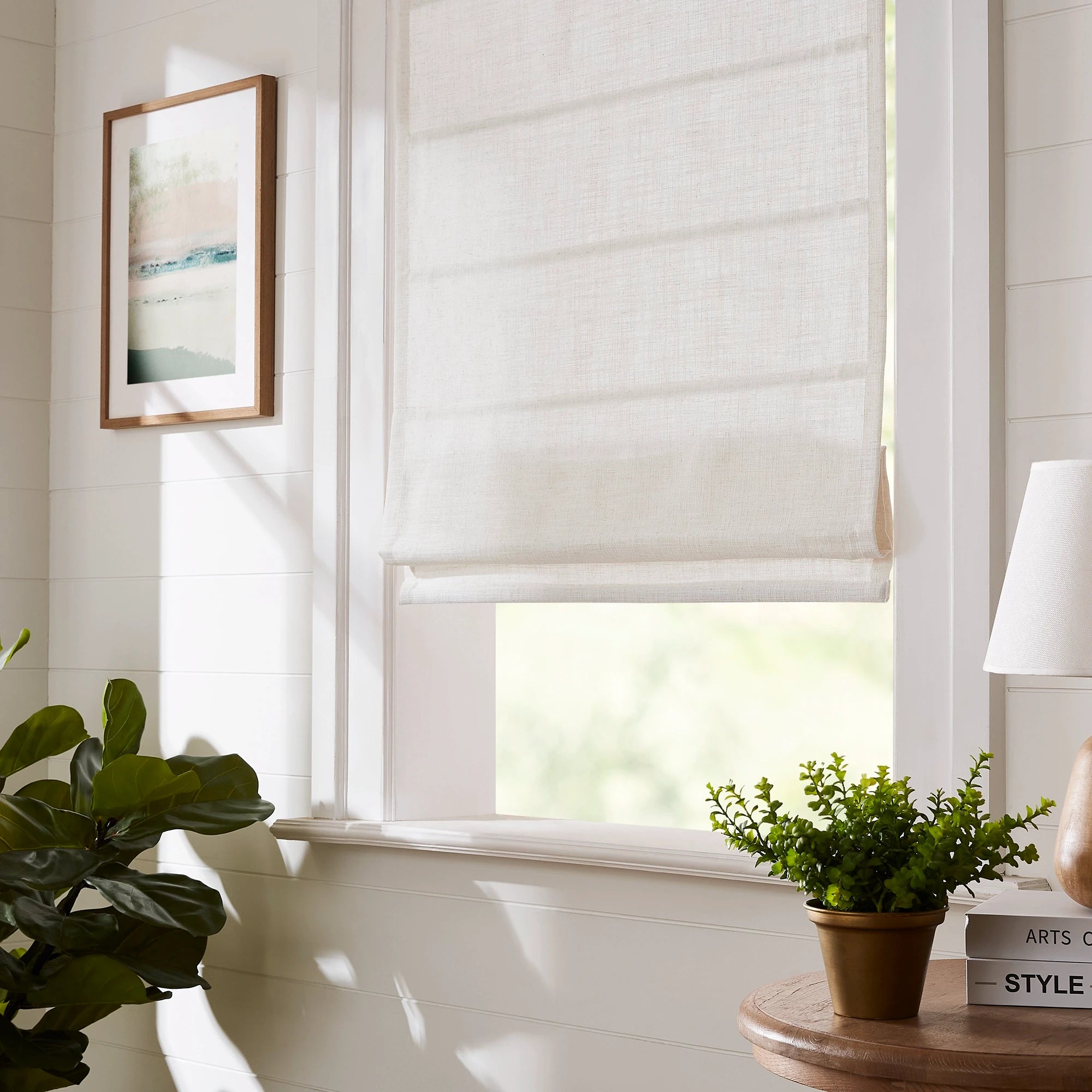 Freshine Elara Light Grayish White Roman Shades for Elegant Linen-Blend Drapes with Superior Light Control and Privacy