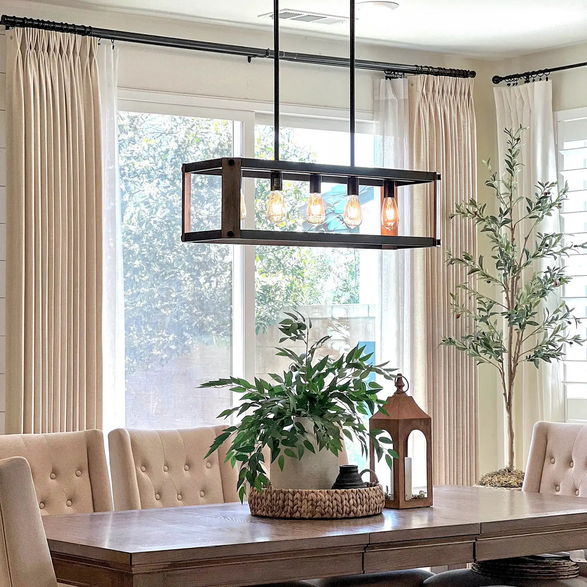 Elara Linen Curtains – Elegant Drapes scene_14 showing drawn-open linen curtains in dining room for home decor demonstration