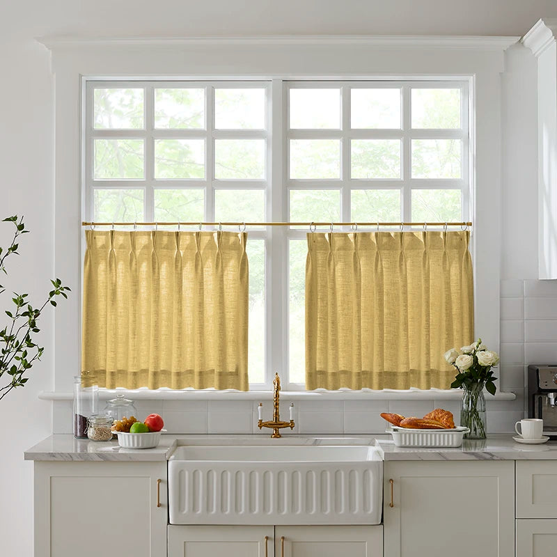 Freshine Elara Linen Mustard Yellow Cafe Curtains for Kitchen & Bathroom