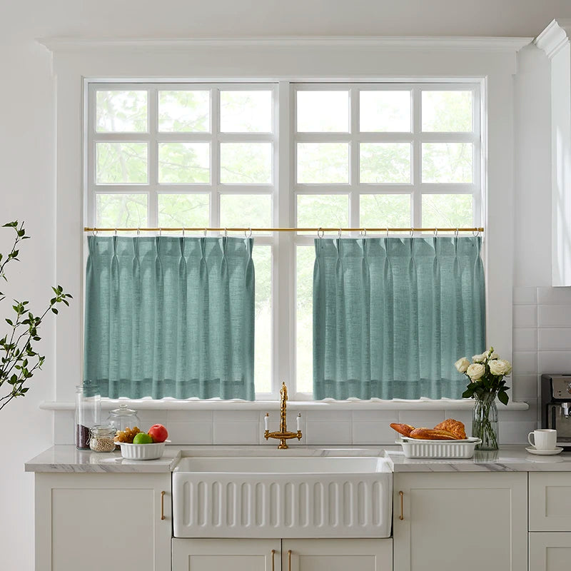 Freshine Elara Linen Blue-Green Gray Cafe Curtains for Kitchen & Bathroom