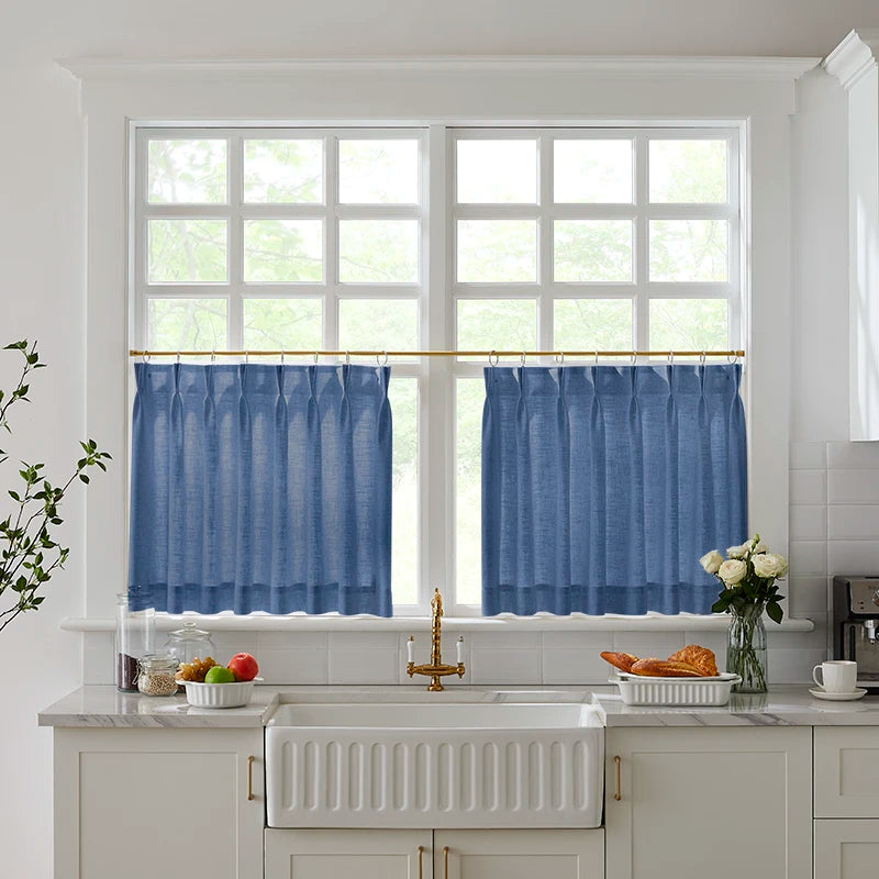 Freshine Elara Linen Navy Blue Cafe Curtains for Kitchen & Bathroom