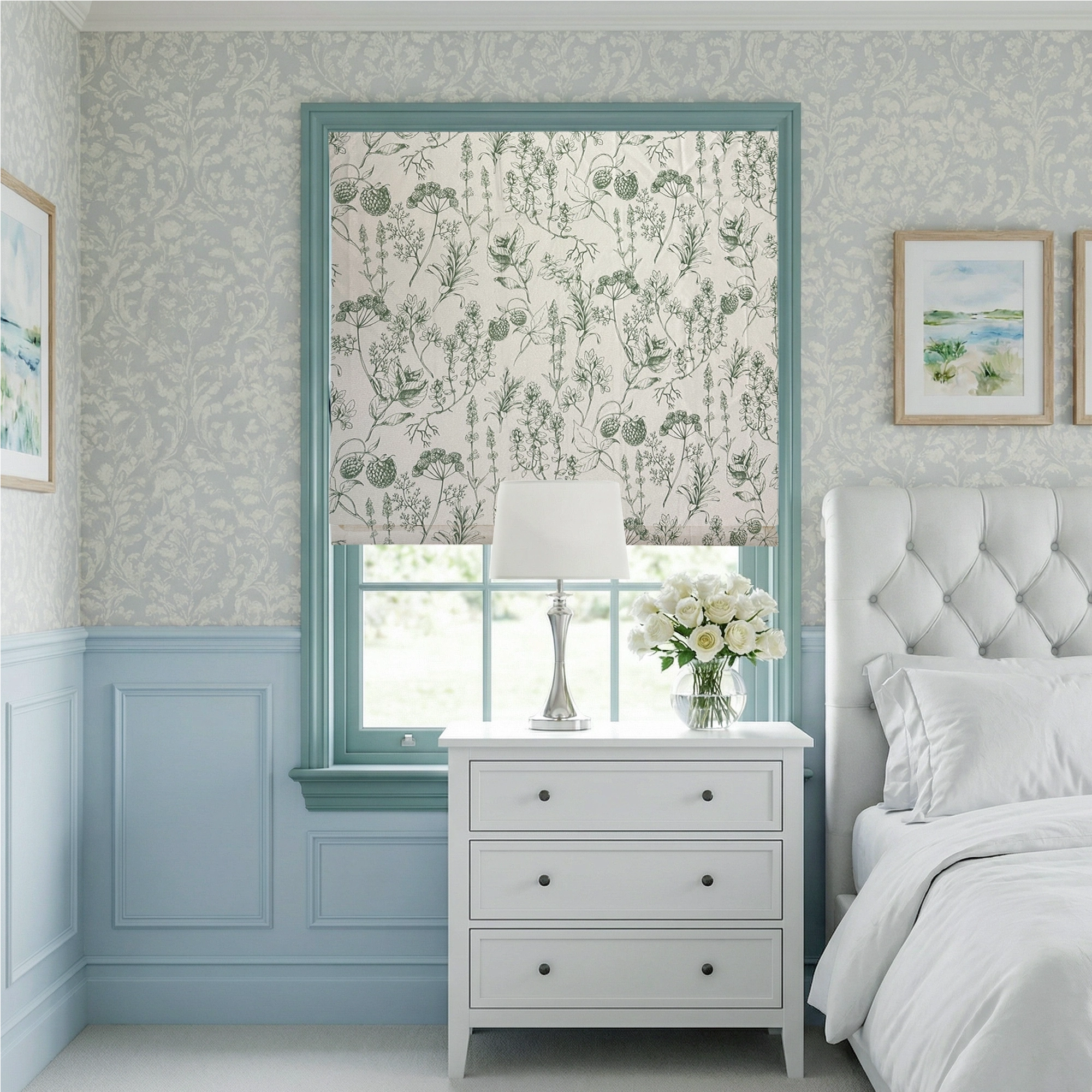 Elsa Berry Meadow Willow Green Floral Chenille Roman Shades: Image 23-15_scene_1 showcases the roman shade with fresh willow green floral patterns, soft chenille fabric and elegant home scene display.