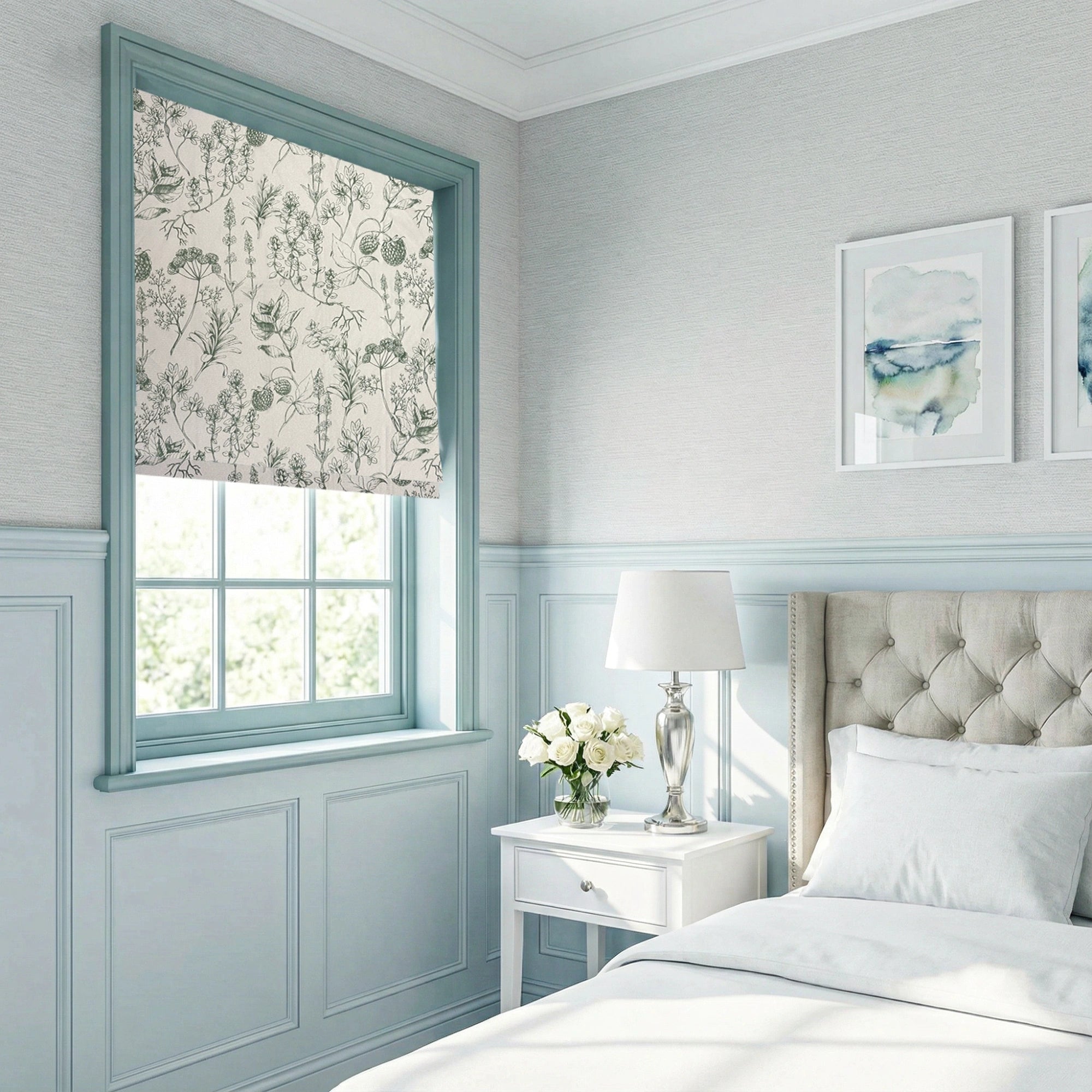 Elsa Berry Meadow Willow Green Floral Chenille Roman Shades: Image 23-15_scene_2 showcases the roman shade with fresh willow green floral patterns, soft chenille fabric and elegant home scene display.