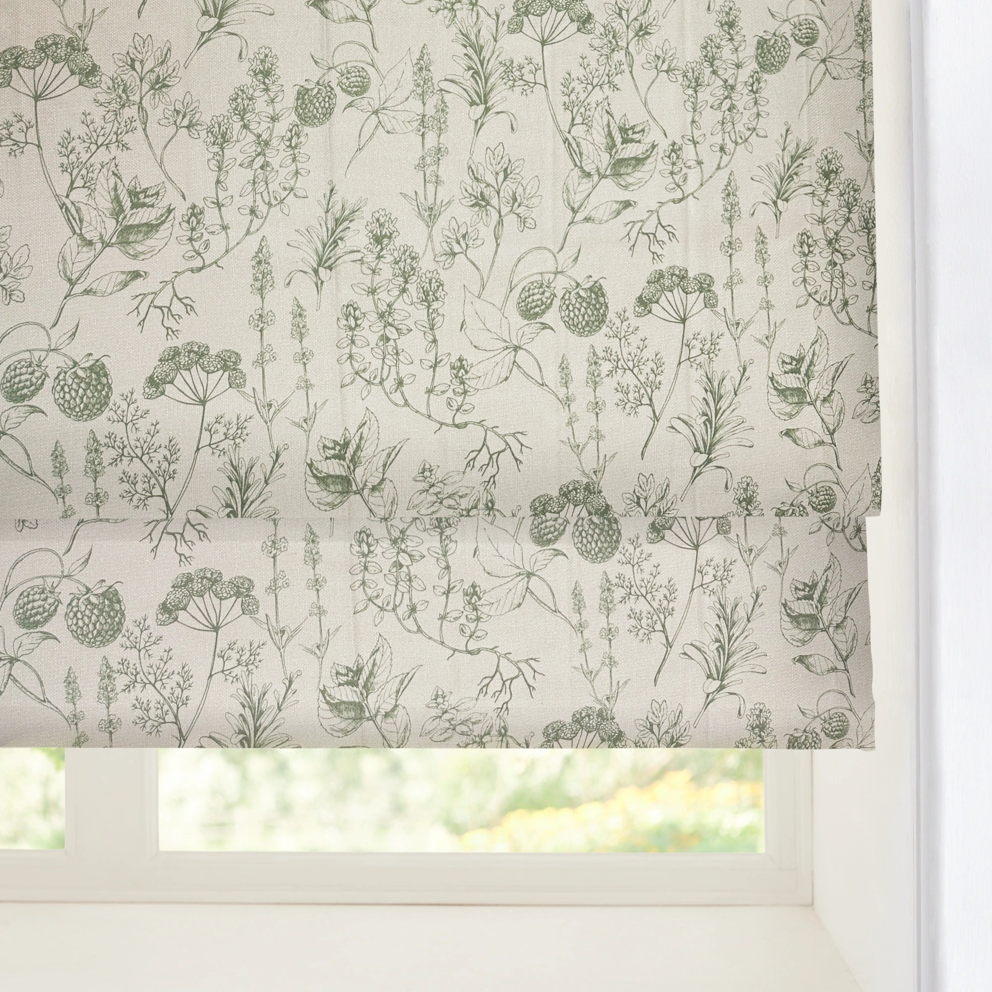 Elsa Berry Meadow Willow Green Floral Chenille Roman Shades: Image 23-15_scene_4 showcases the roman shade with fresh willow green floral patterns, soft chenille fabric and elegant home scene display.