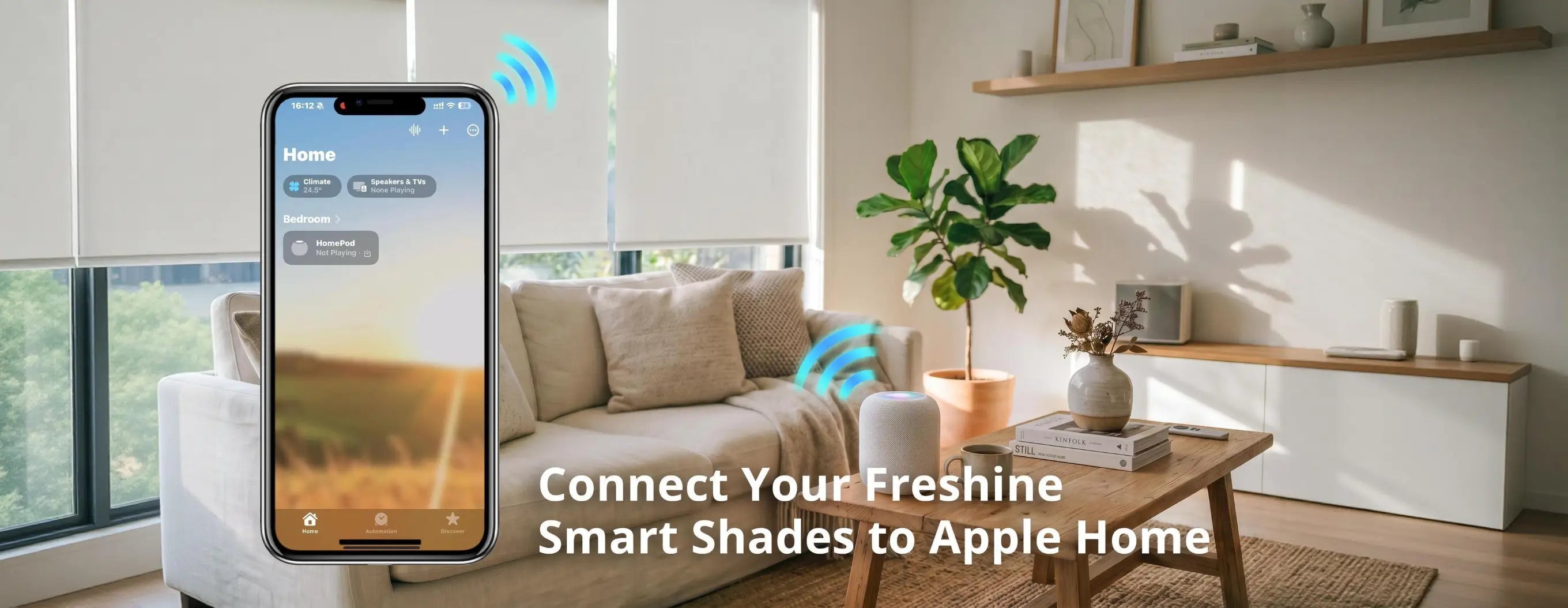 Smartphone displaying app interface with text 'Connect Your Freshine Smart Shades to Apple Home' in a living room setting.