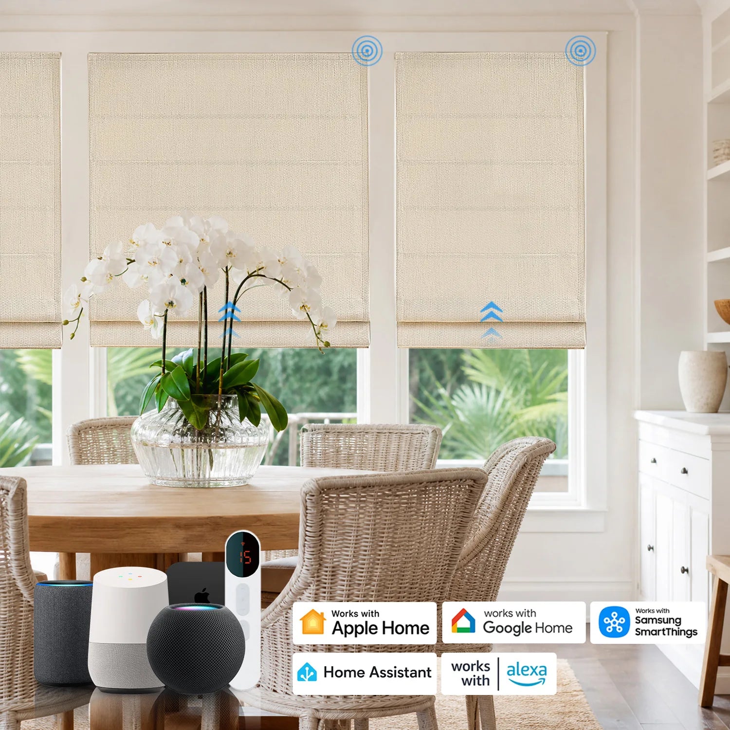 Smart home device with compatibility logos in a modern living room setting