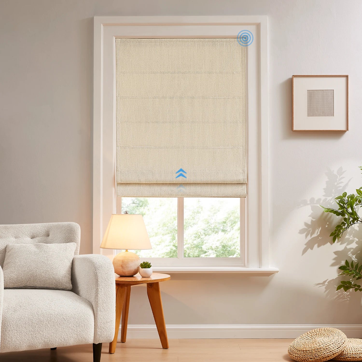 Smart window blind control panel in a living room with a sofa and lamp.