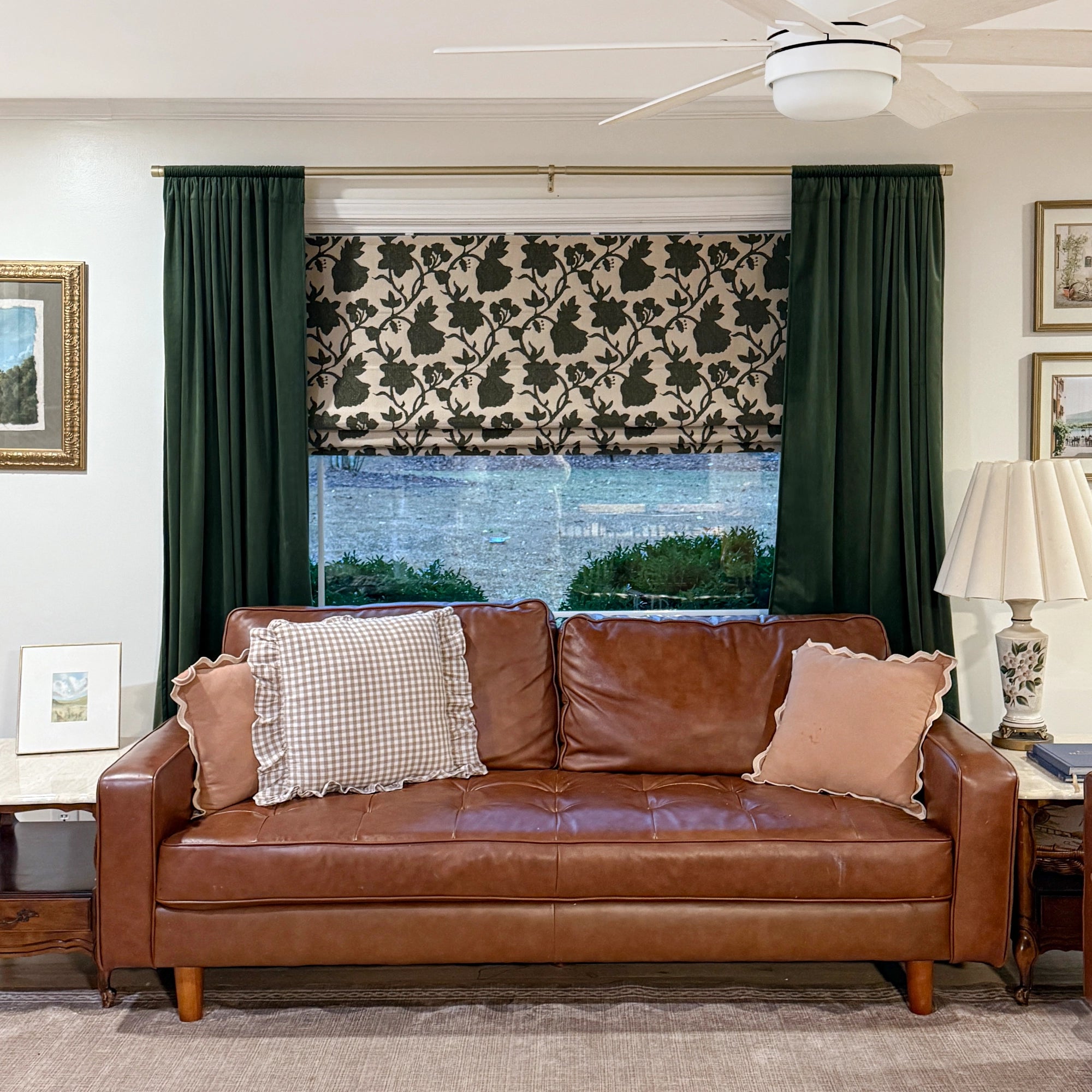 Faelyn Forest Green Botanical Bloom Jacquard Chenille Roman Shades: Image SL24155-2-5 showcases the roman shade with exquisite botanical jacquard patterns, soft chenille fabric and elegant tailored folds.