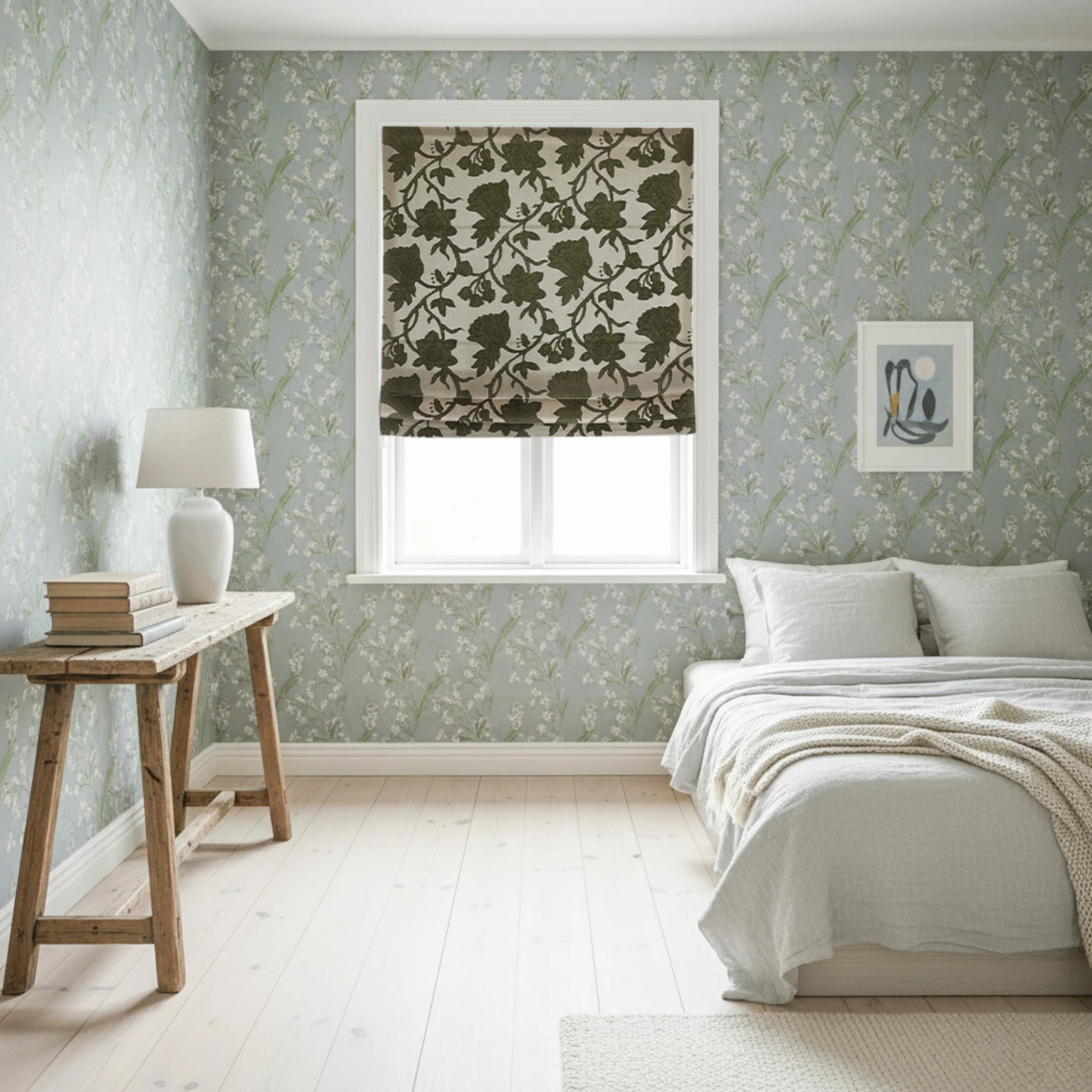 Faelyn Forest Green Botanical Bloom Jacquard Chenille Roman Shades