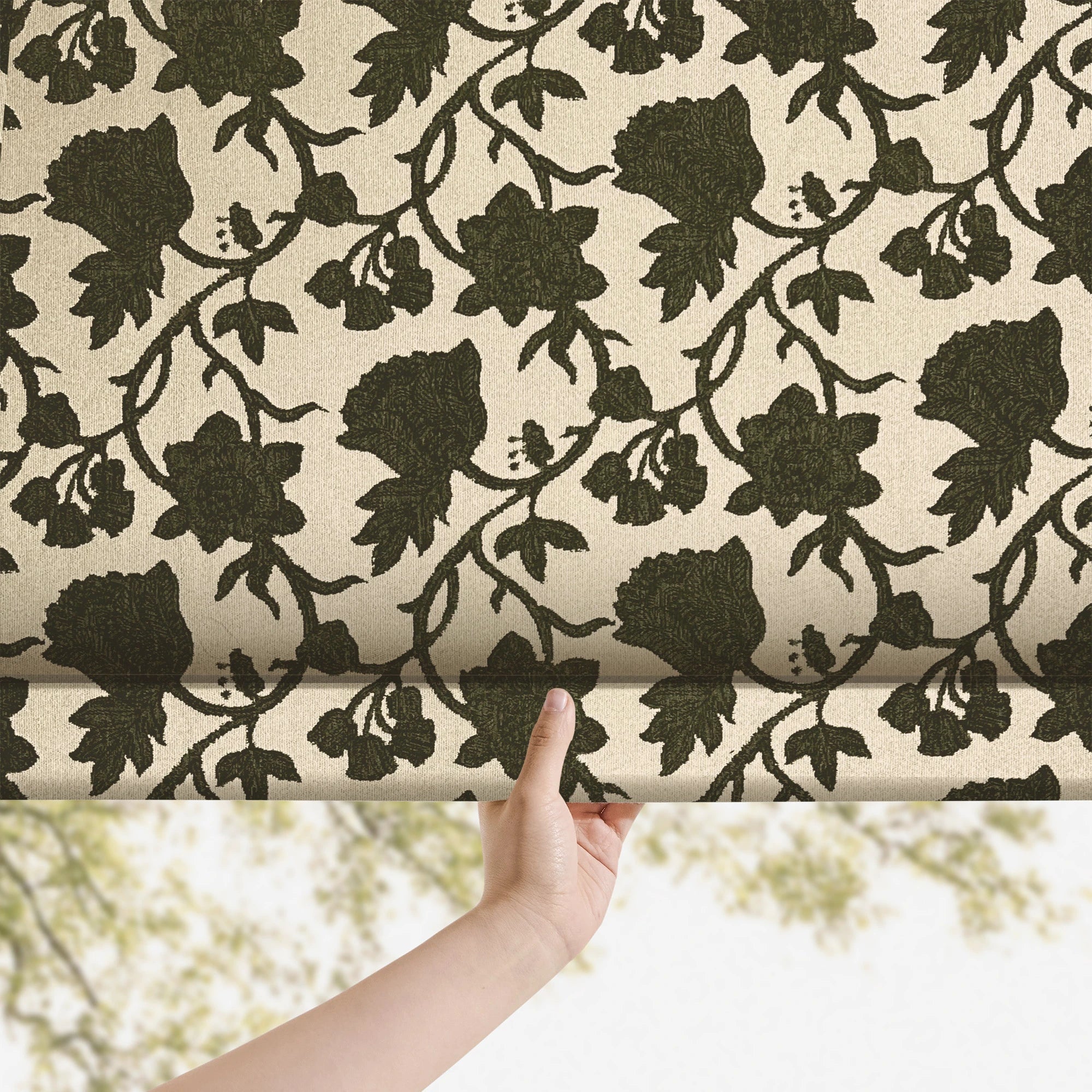 Faelyn Forest Green Botanical Bloom Jacquard Chenille Roman Shades