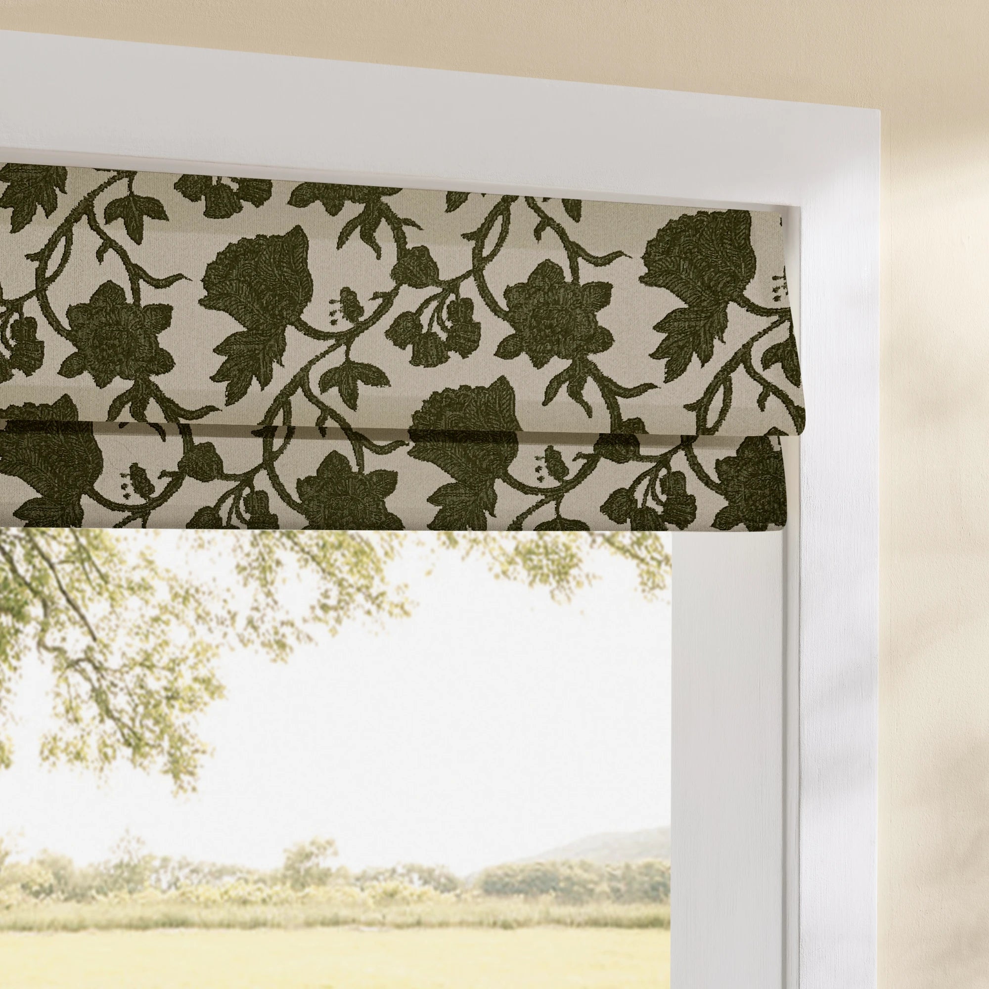 Faelyn Forest Green Botanical Bloom Jacquard Chenille Roman Shades