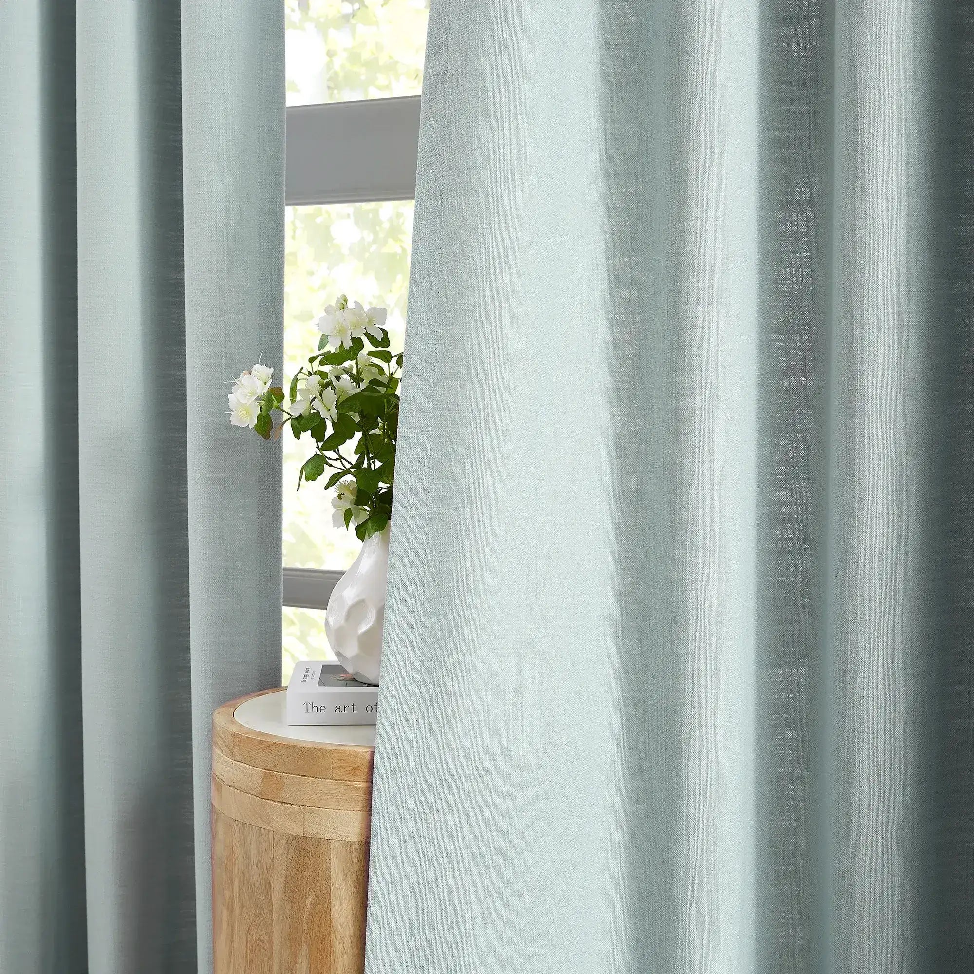 Fioris 606-9 linen cotton blend curtains, gently filters natural light, minimalist style, detail display