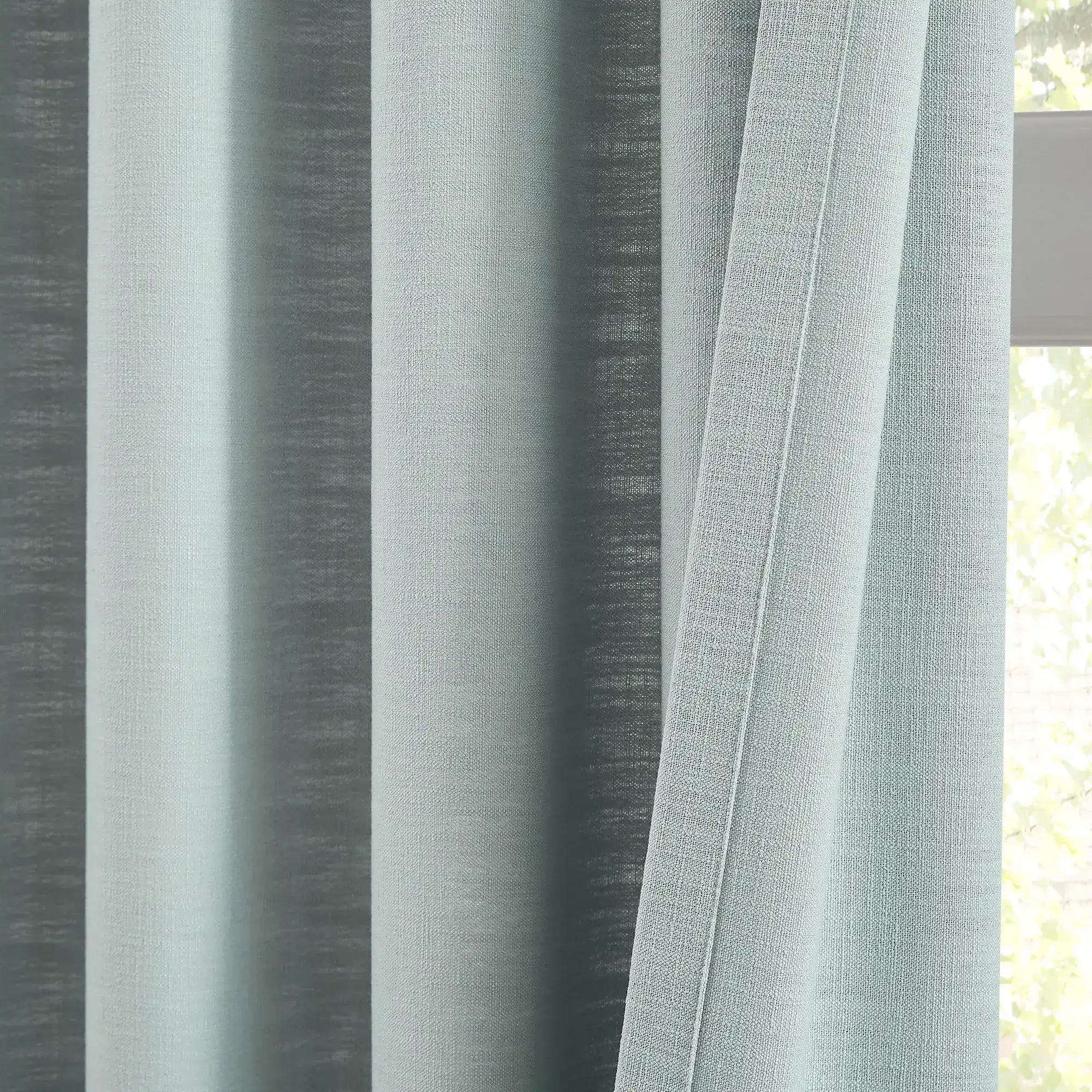 Fioris 606-9 linen cotton blend curtains, gently filters natural light, minimalist style, front and back detail display
