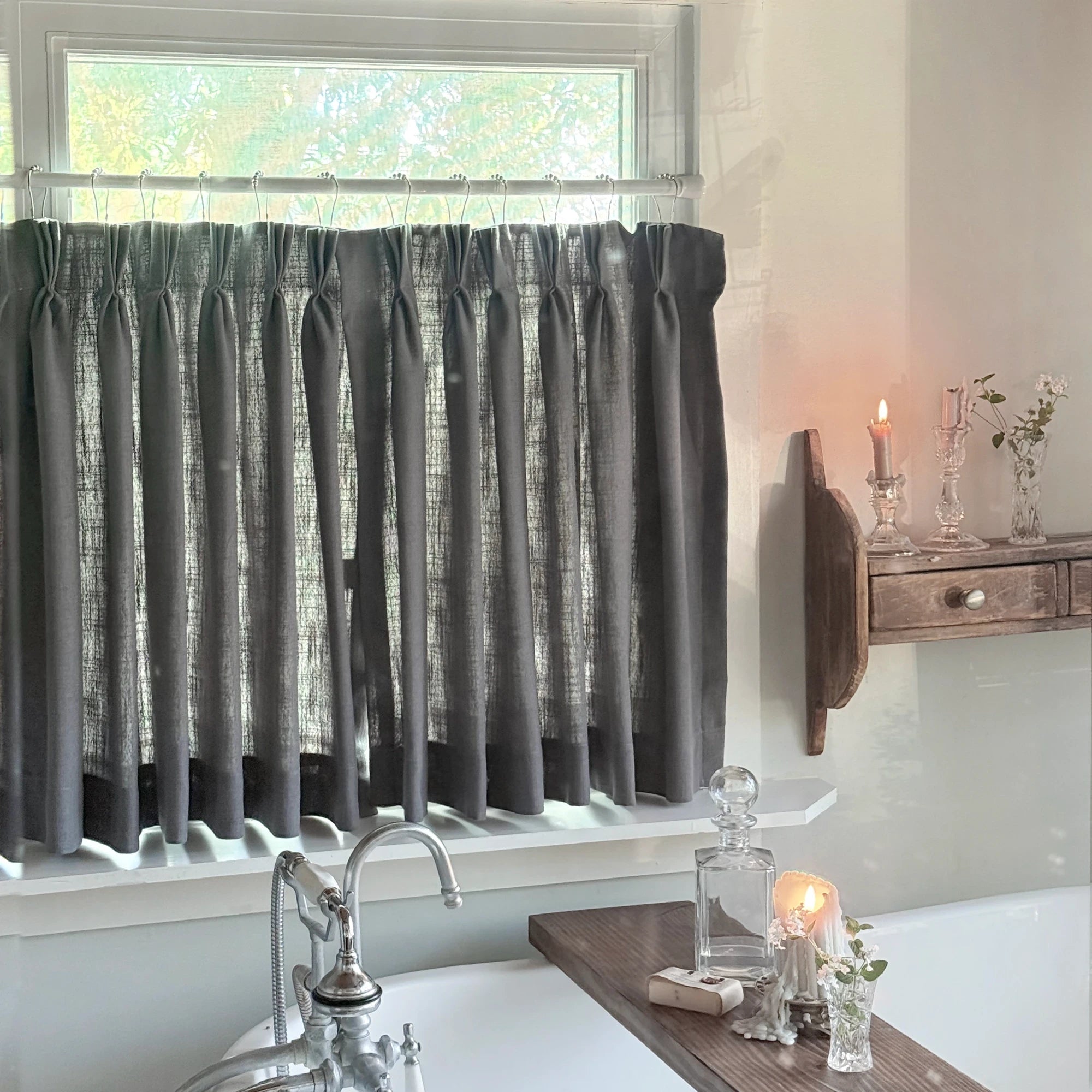 Freshine Elara Linen Pale Pine Green Cafe Curtains for Kitchen & Bathroom