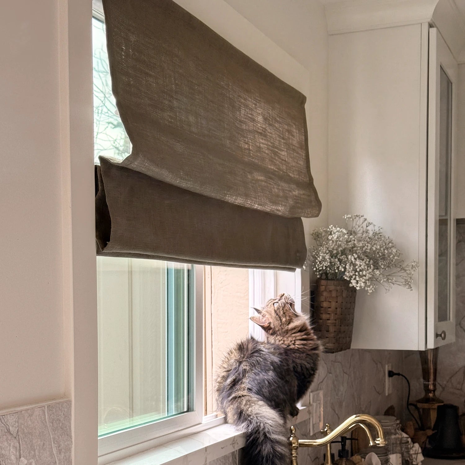 Elara 89850-10 elegant linen Roman shades open with a cat on the windowsill looking up view 6