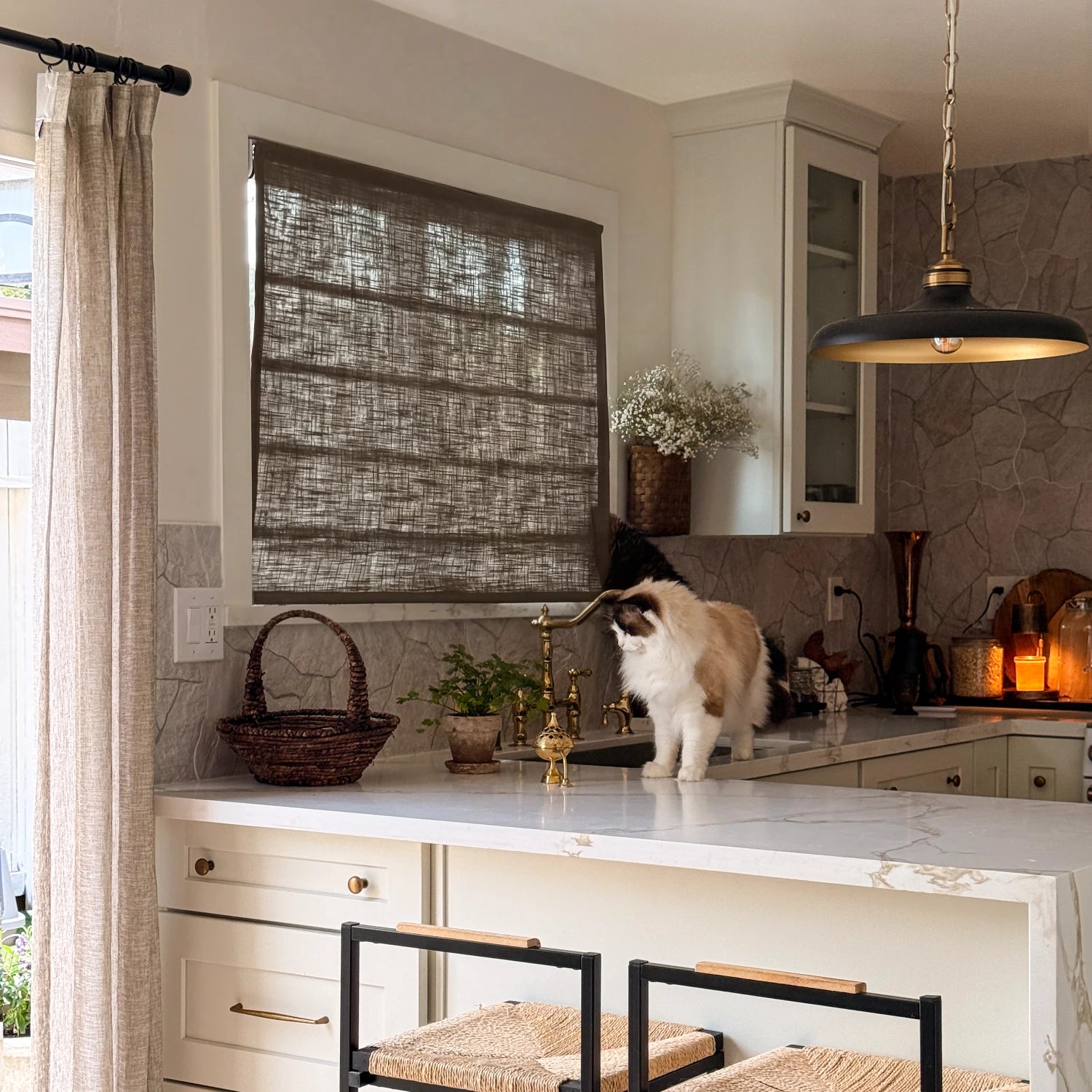 Elara 89850-10 elegant linen Roman shades closed in a kitchen with a cat on the counter main image