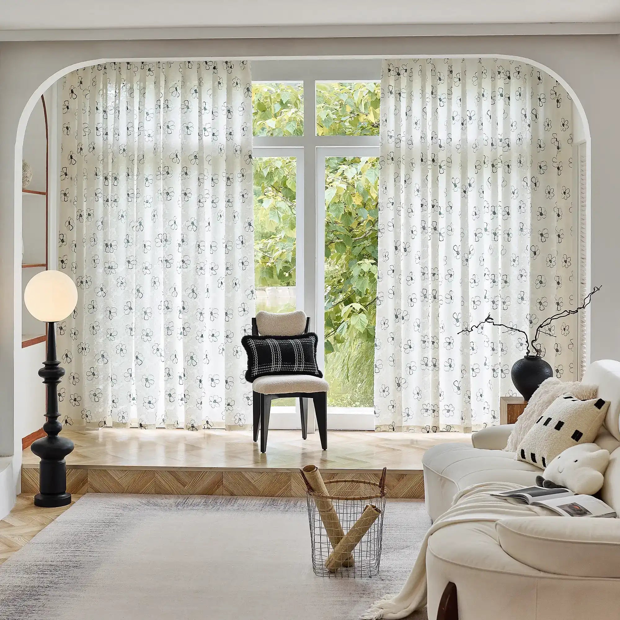 Gineva Black Daisy Print Sheer Curtains