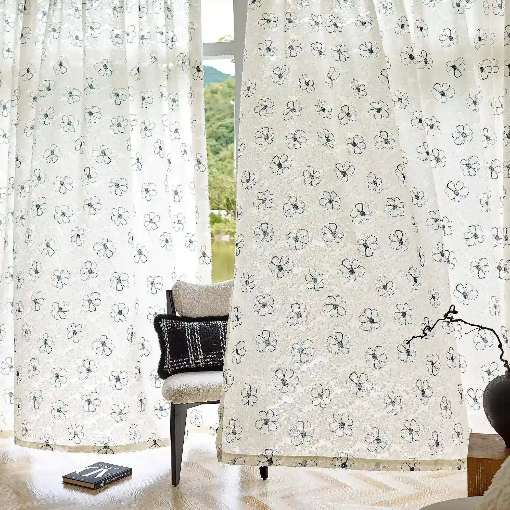 Gineva Black Daisy Print Sheer Curtains