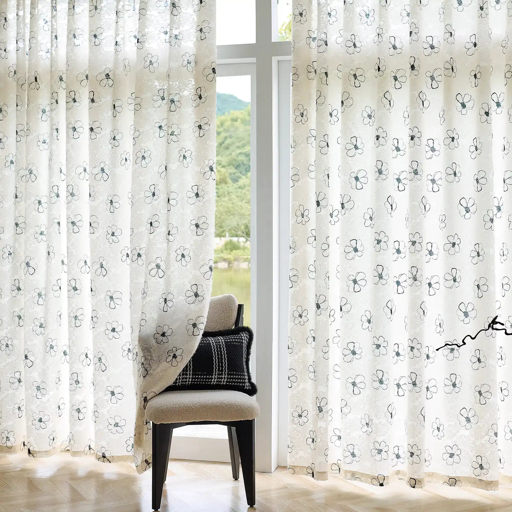 Gineva Black Daisy Print Sheer Curtains