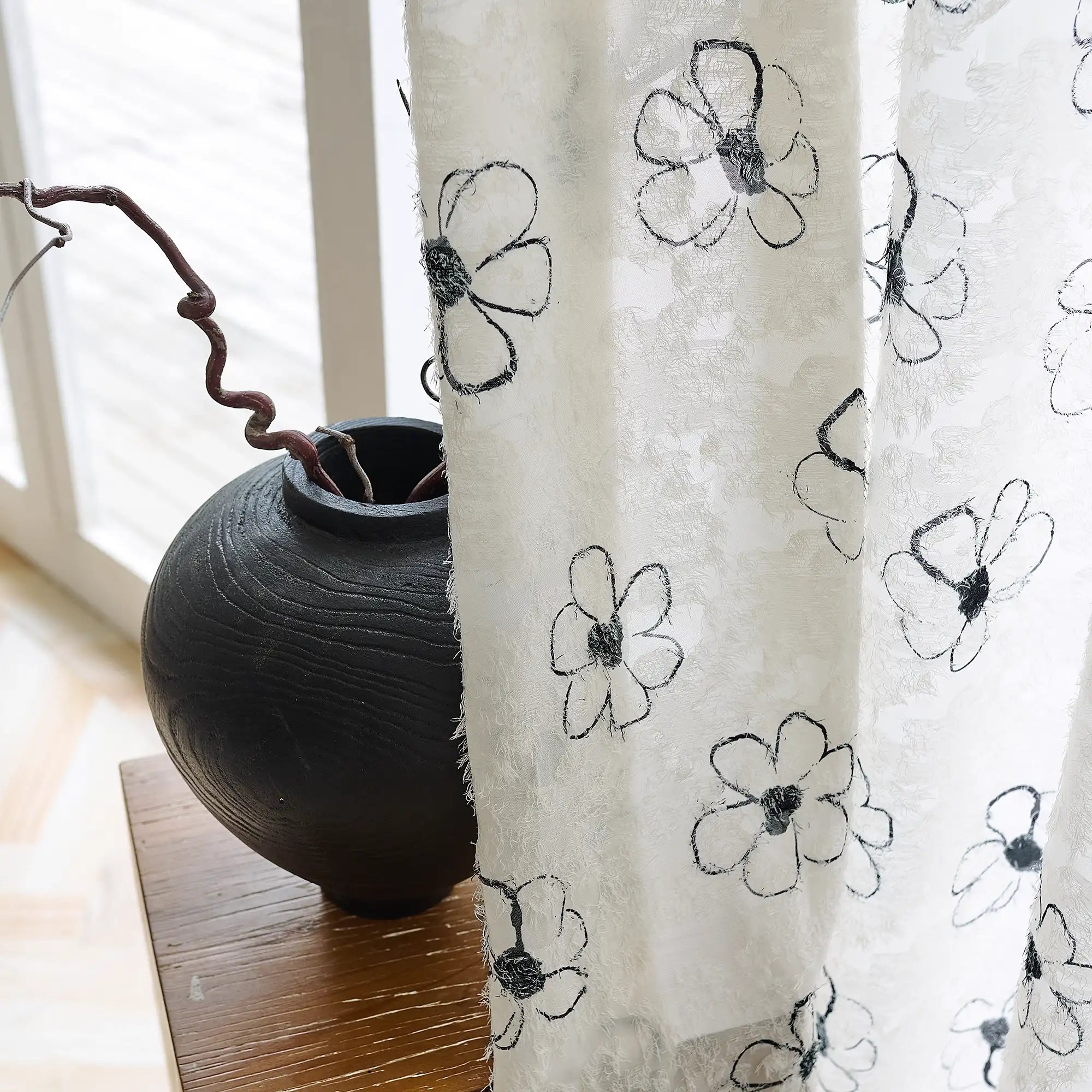 Gineva Black Daisy Print Sheer Curtains