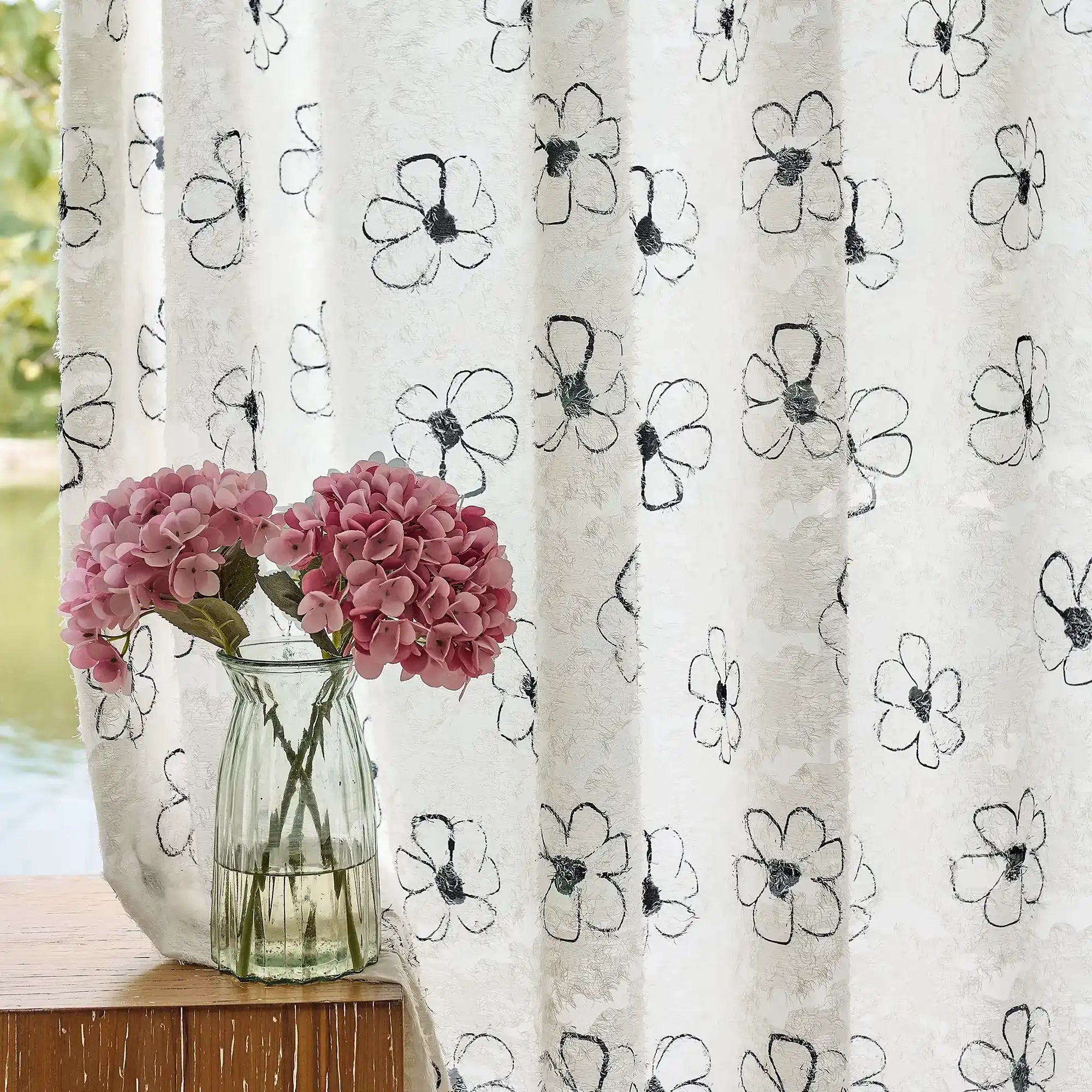 Gineva Black Daisy Print Sheer Curtains