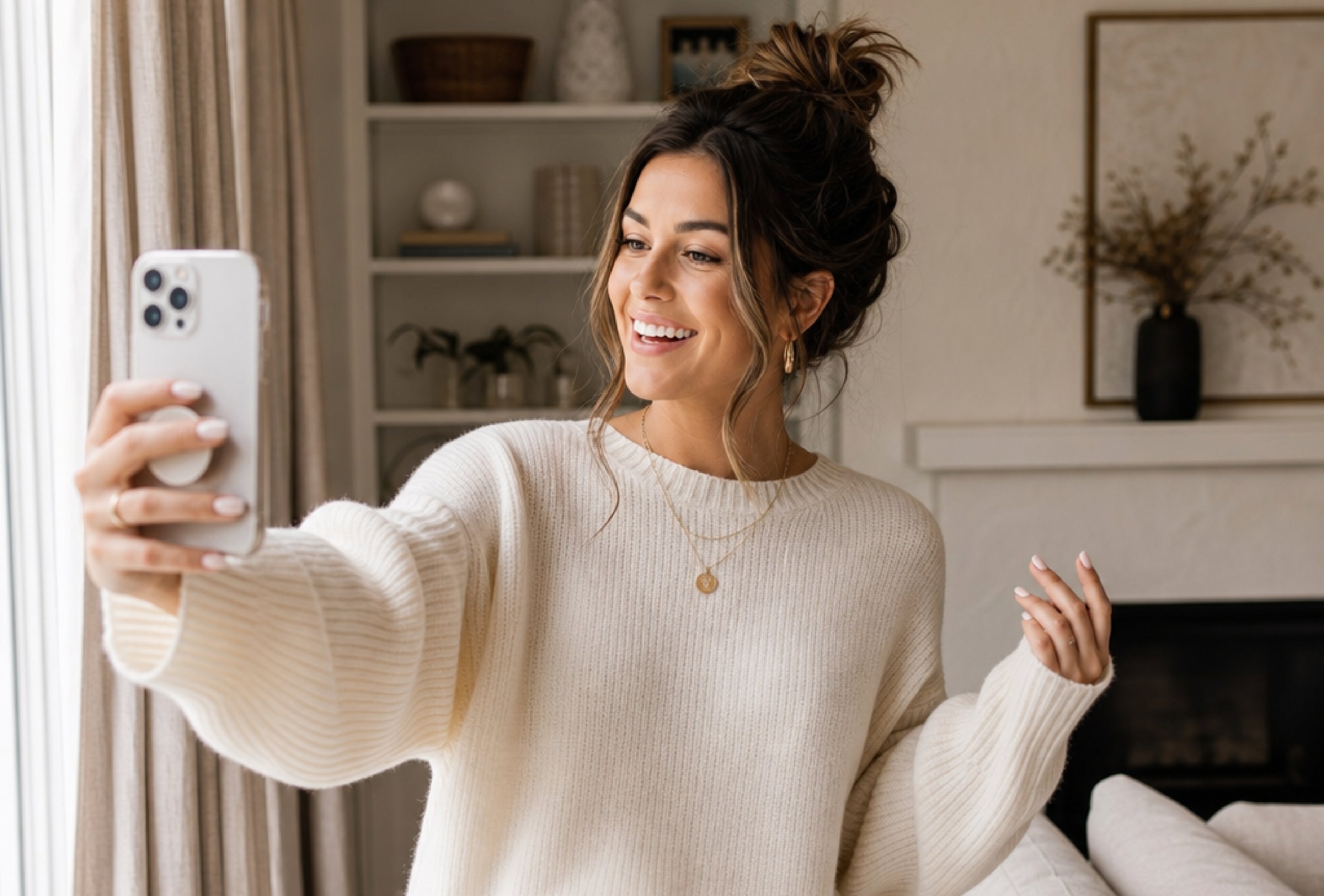 Woman taking a selfie in a cozy living room