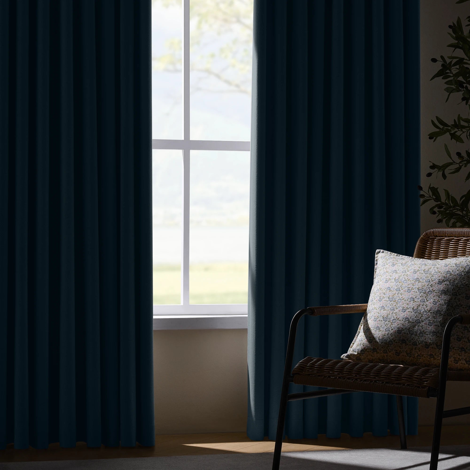 Isadora OY6-238-21 scene 2 100% blackout curtains displaying light blocking effect and elegant draping