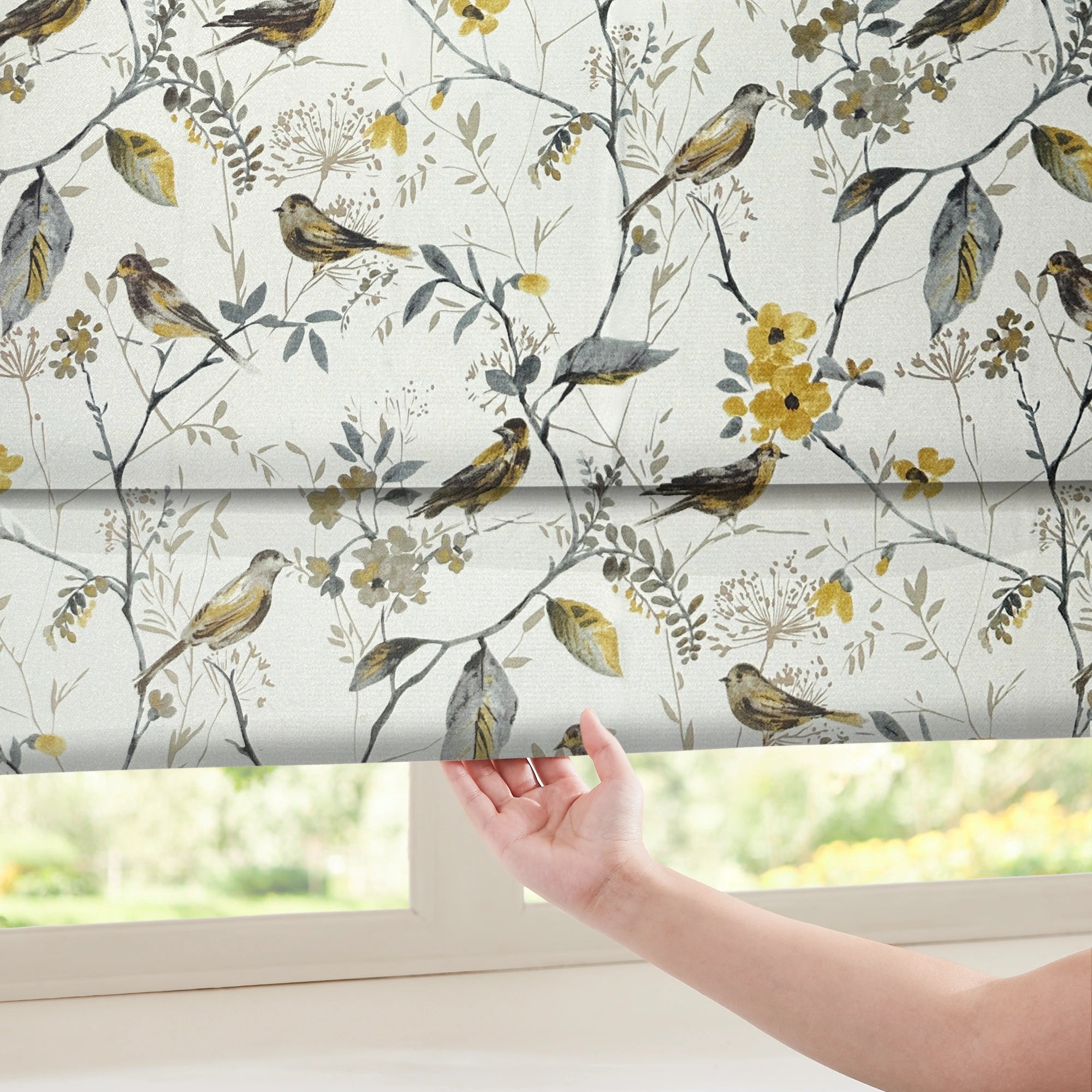 Lina Yellow Warbler & Blossoms Chenille Floral Roman Shades