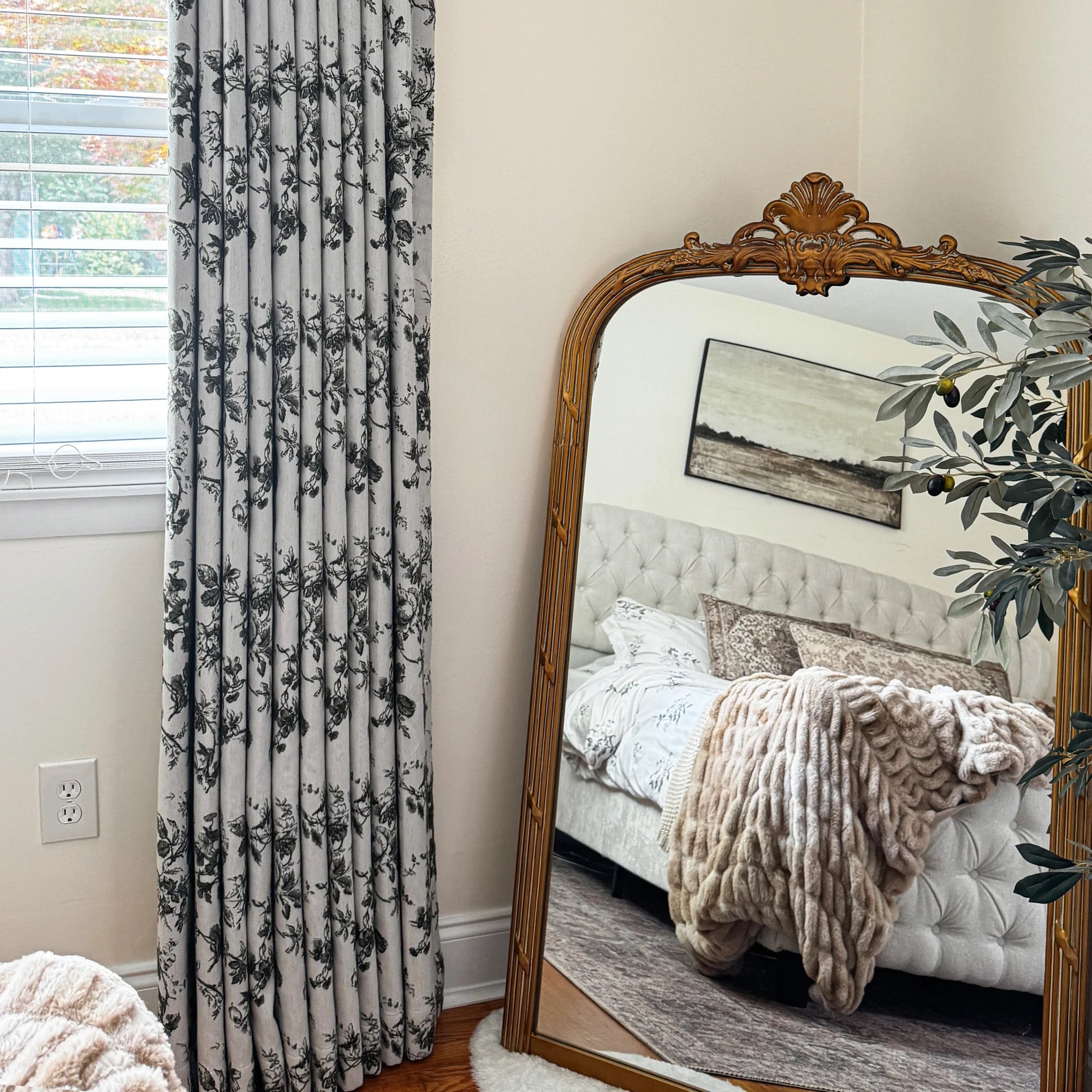 Lirienne Leaf & Blossom Forest Green Jacquard Linen Drapes