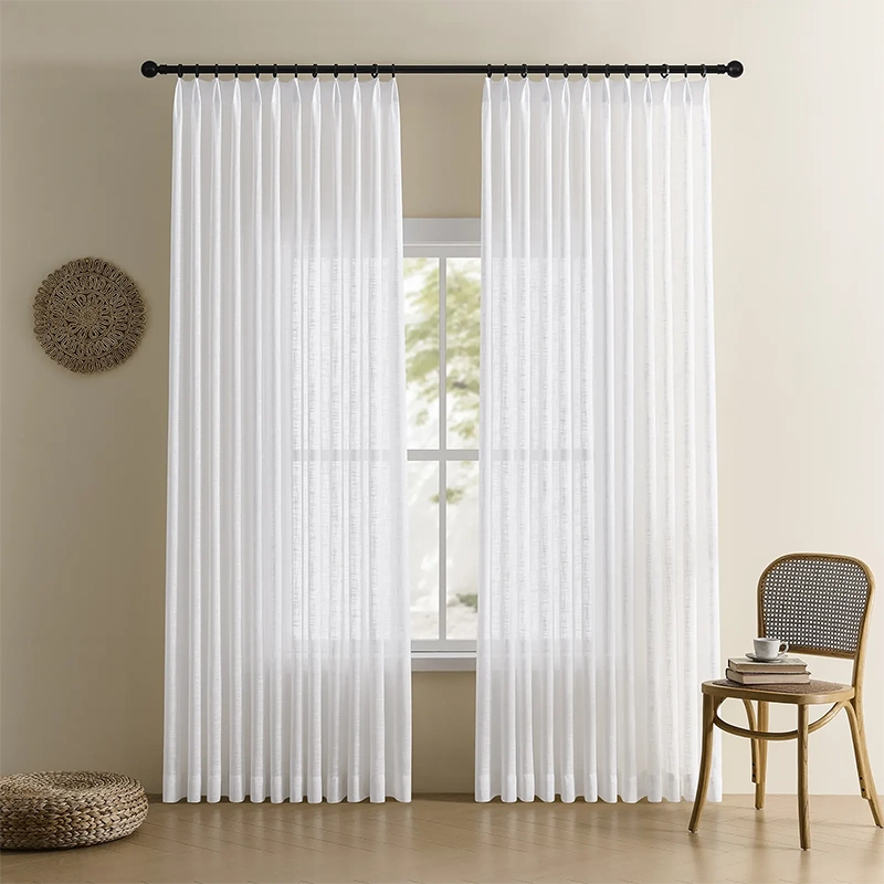 Freshine Luciana Linen Semi Sheer Curtains for Elegant Embossed White Pleated Drapes in a Refined Home