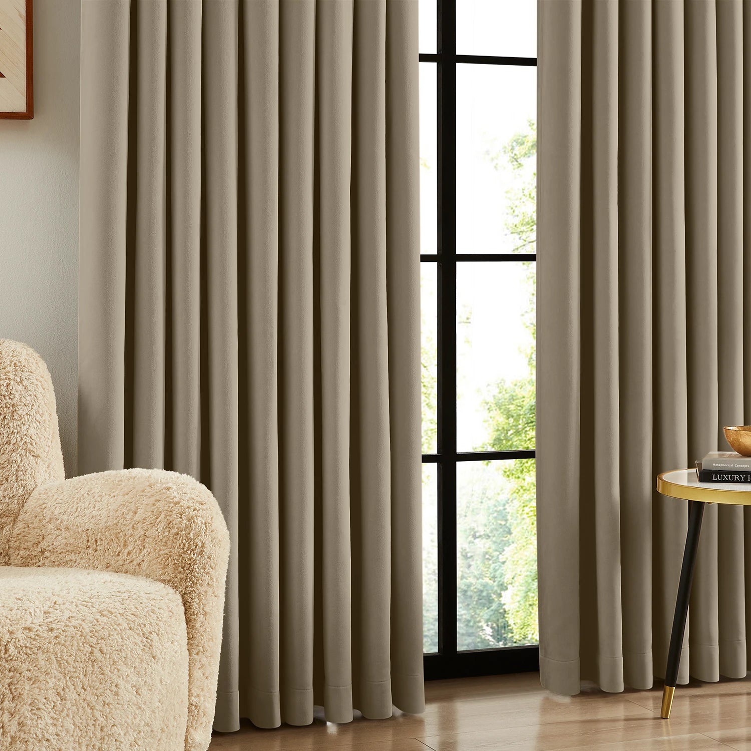 Lyra cloud-6_scene_2 velvet-like texture blackout curtains with luxurious draping in a modern stylish home interior