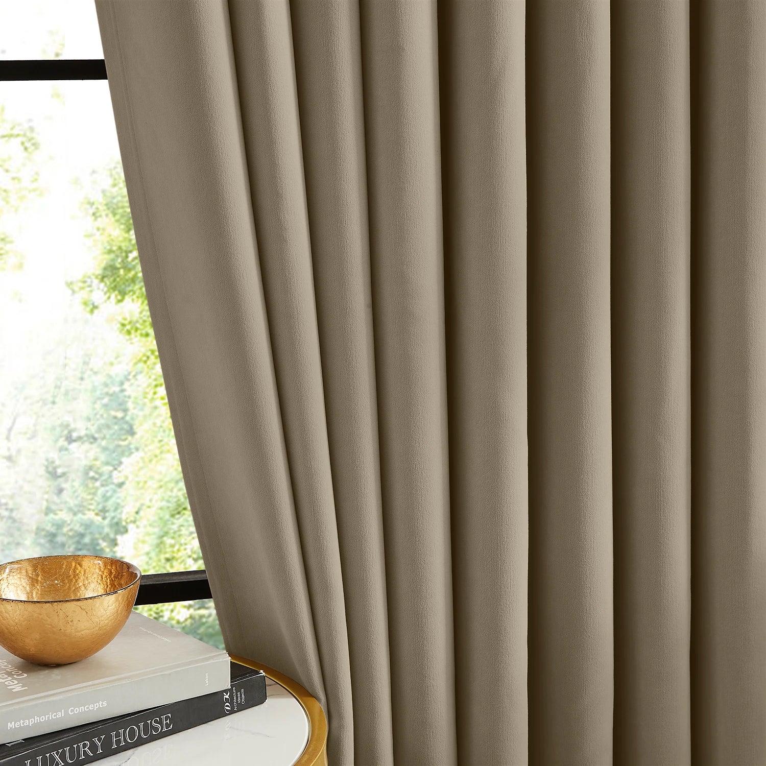 Lyra cloud-6_scene_3 velvet-like texture blackout curtains with graceful luxurious draping in a modern chic home interior