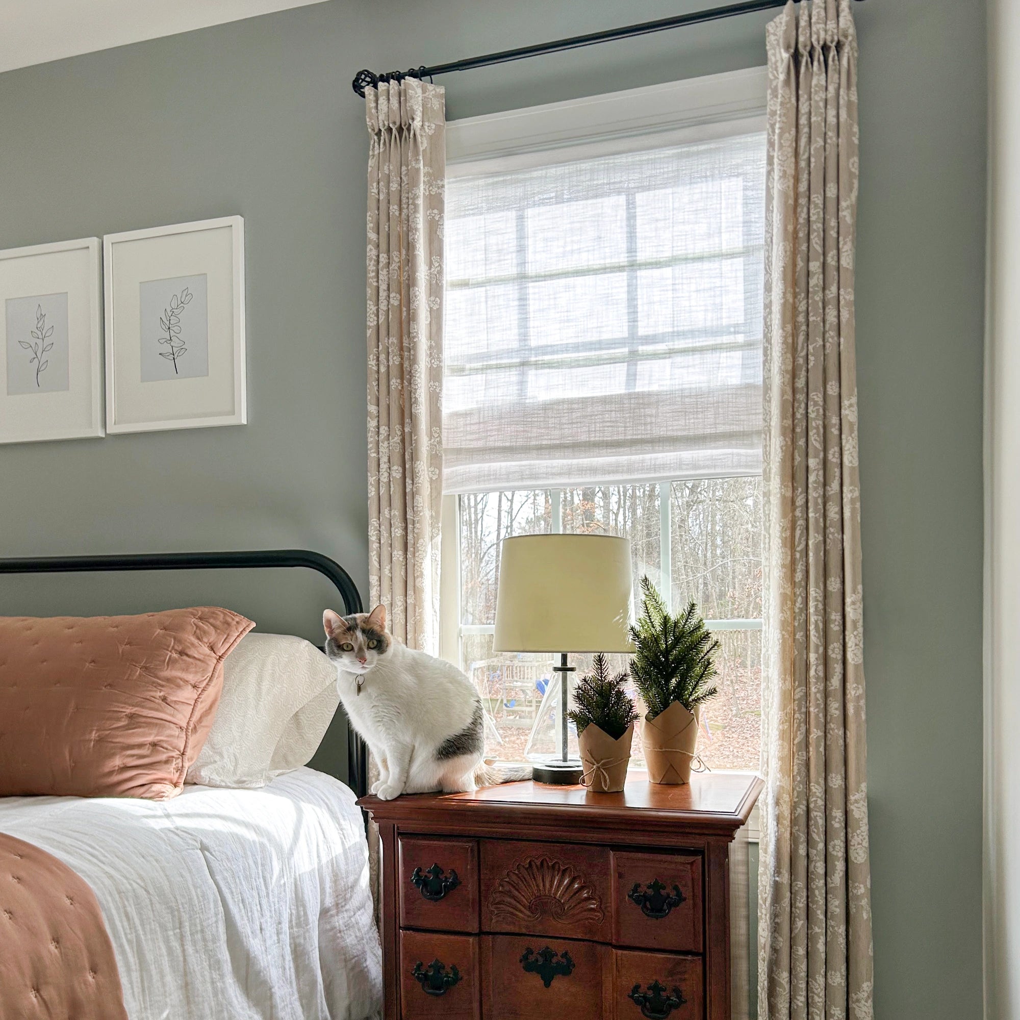 Marisol Linen Roman Shades: Image K1011-8 displays natural linen texture, clean tailored folds, soft light filtering, and elegant window styling in a modern home interior