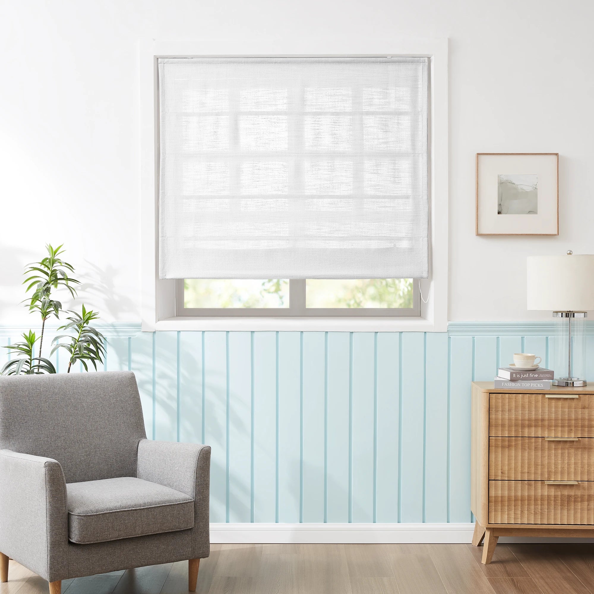 Marisol Linen Roman Shades: Image k1011_scene_1 features full-room scene view, tailored soft linen folds, warm natural light diffusion, elegant minimalist window decor in modern living space