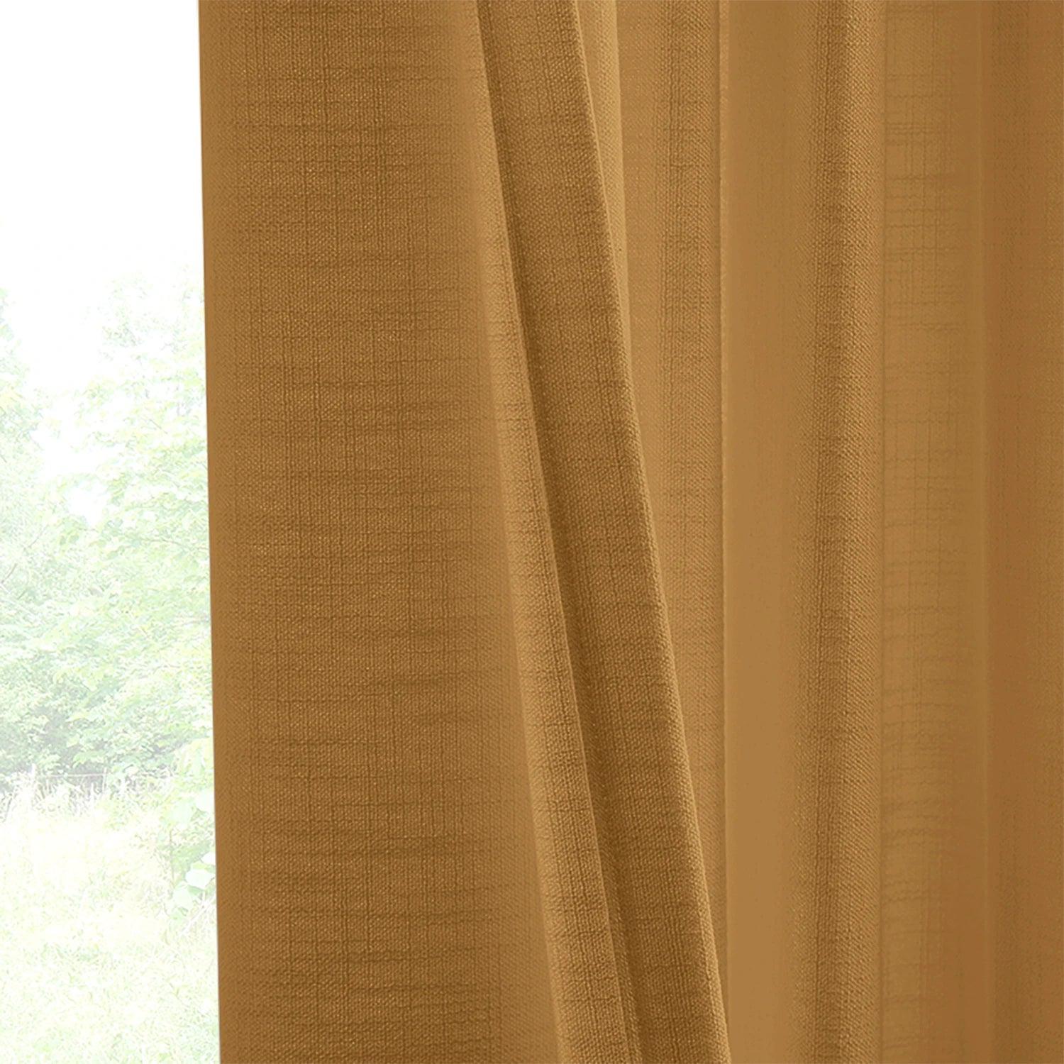 Marisol Linen Curtains adding a touch of sophistication to your living room, perfect for natural light, front and back detail display