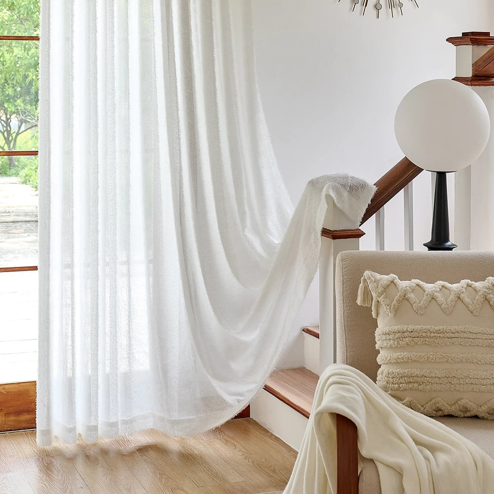 Meliora Pure White Feather Fleece Sheer Curtains for Modern Minimalist Interiors