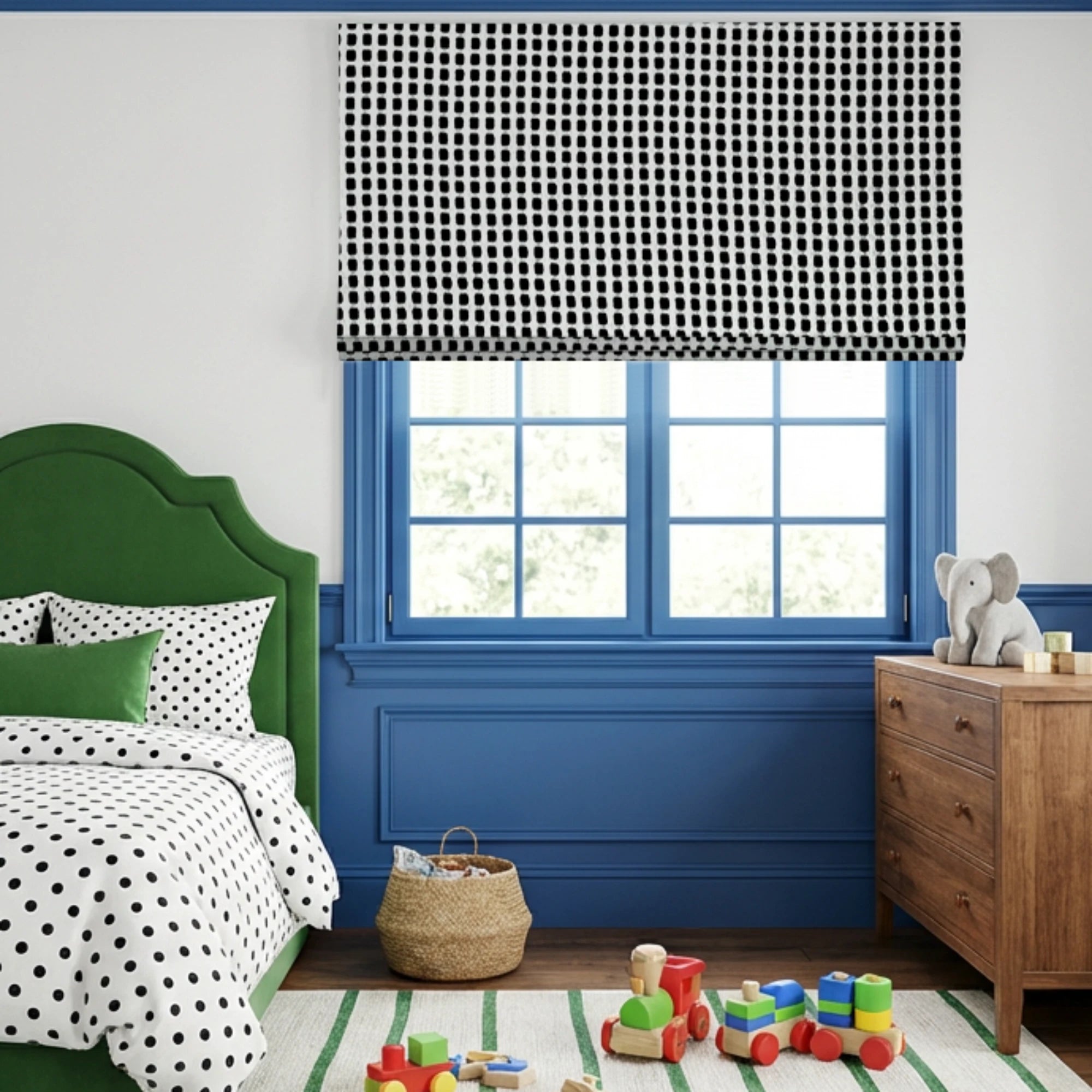 Mirelle Black & White Geometric Grid Jacquard Roman Shades