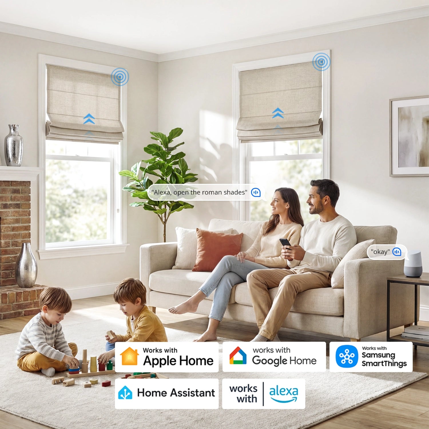 Family in a living room with smart home devices and compatibility logos.
