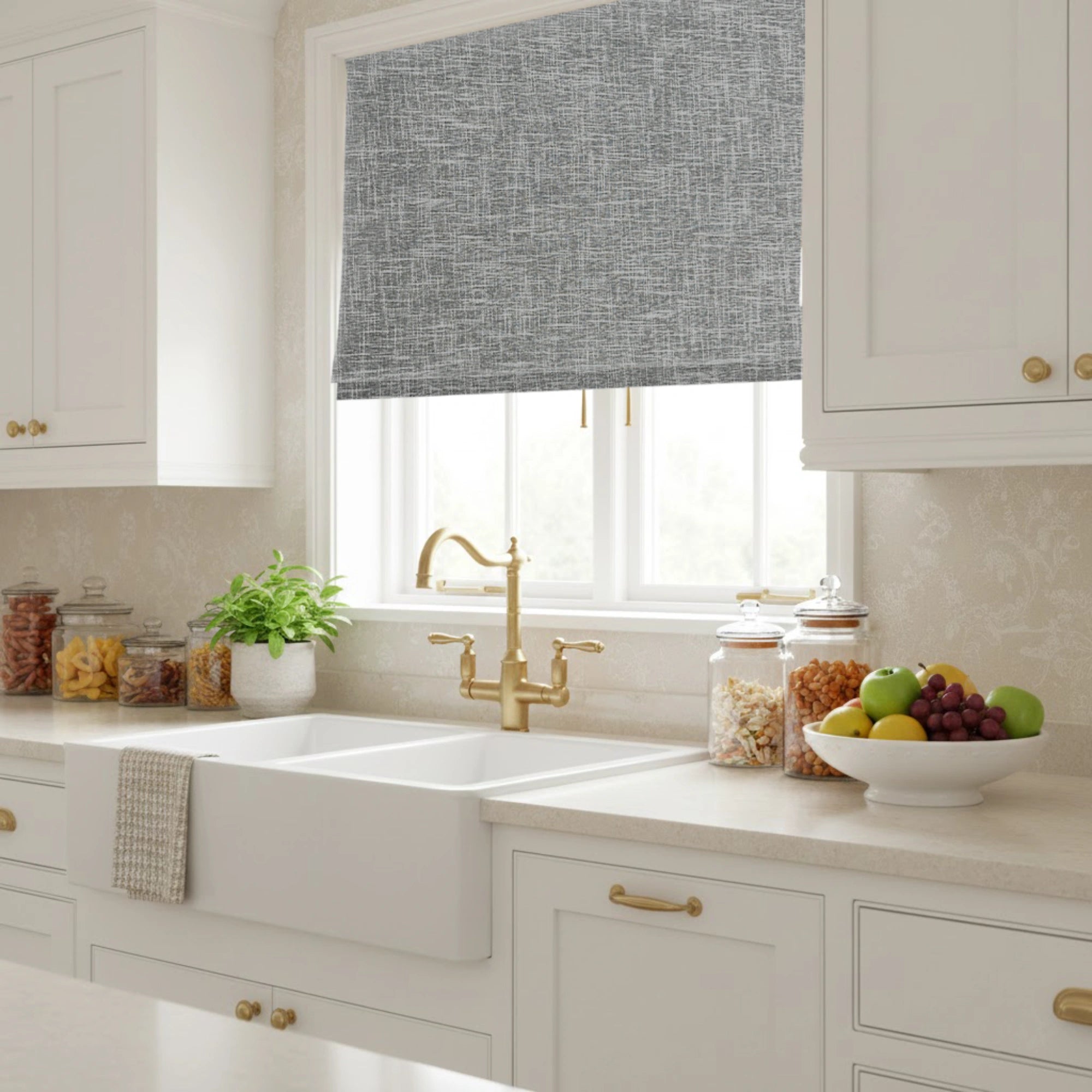 Nolissa Cotton Blend 100% Blackout Crossweave Textured Roman Shades: Image 16956-13_scene_2 showcases the roman shade with premium crossweave texture, 100% blackout cotton blend fabric and elegant home scene display.