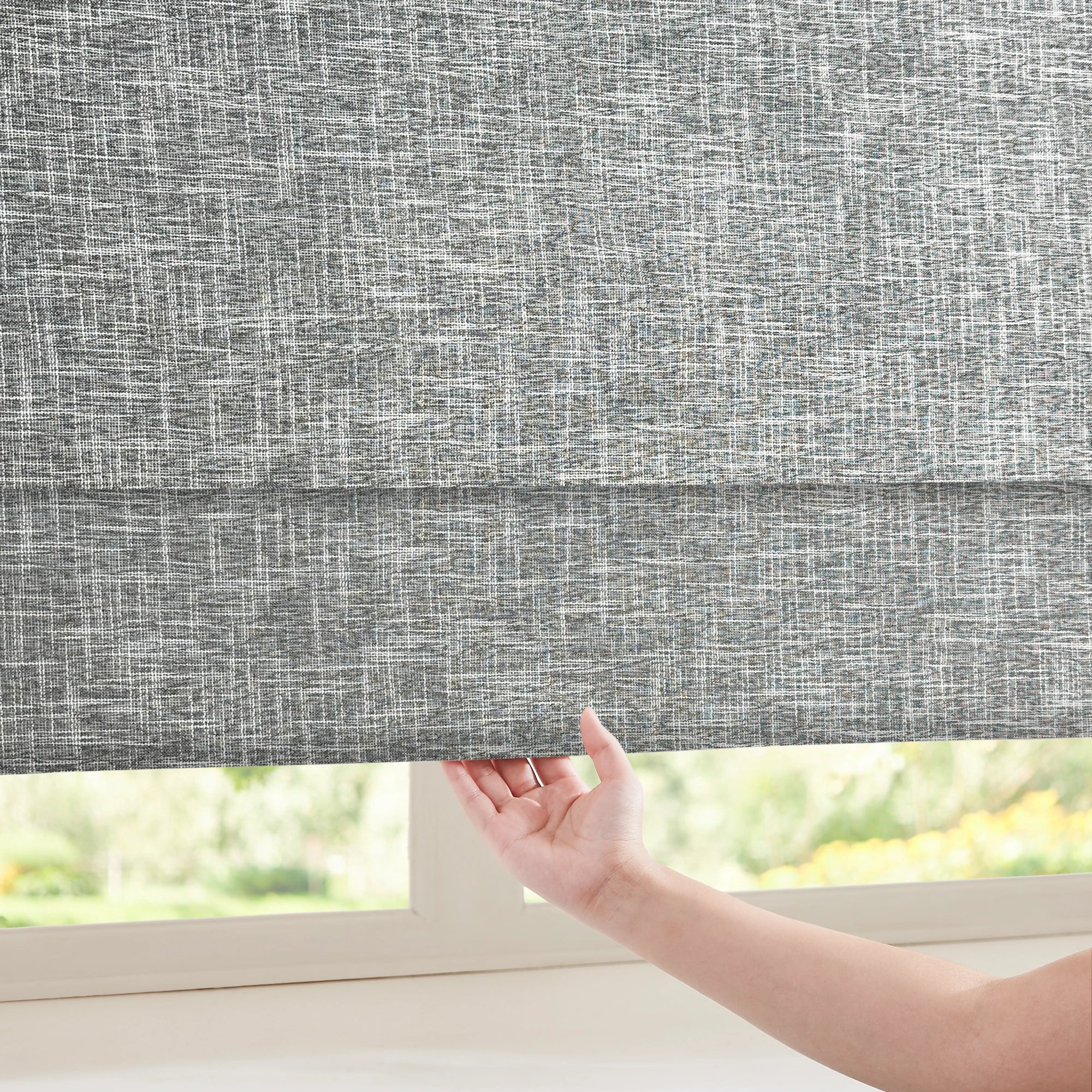 Nolissa Cotton Blend 100% Blackout Crossweave Textured Roman Shades: Image 16956-13_scene_5 showcases the roman shade with premium crossweave texture, 100% blackout cotton blend fabric and elegant home scene display.