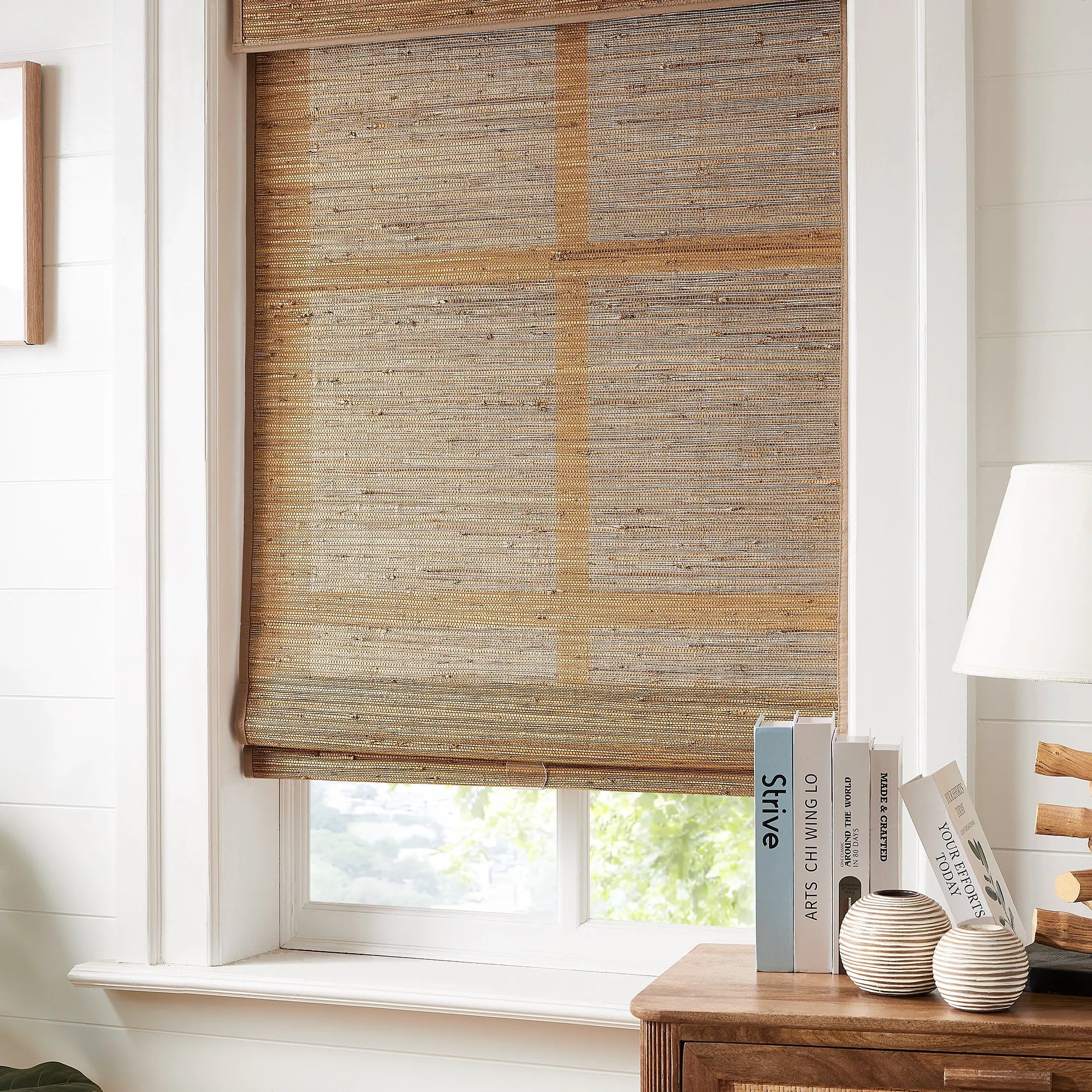 Noris No-Drill bamboo & jute woven shades, delivers subtle color and texture variations, adds depth to any room
